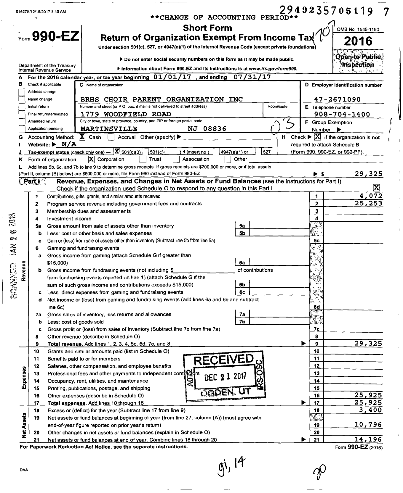 Image of first page of 2016 Form 990EZ for BRHS Choir Parent Organization