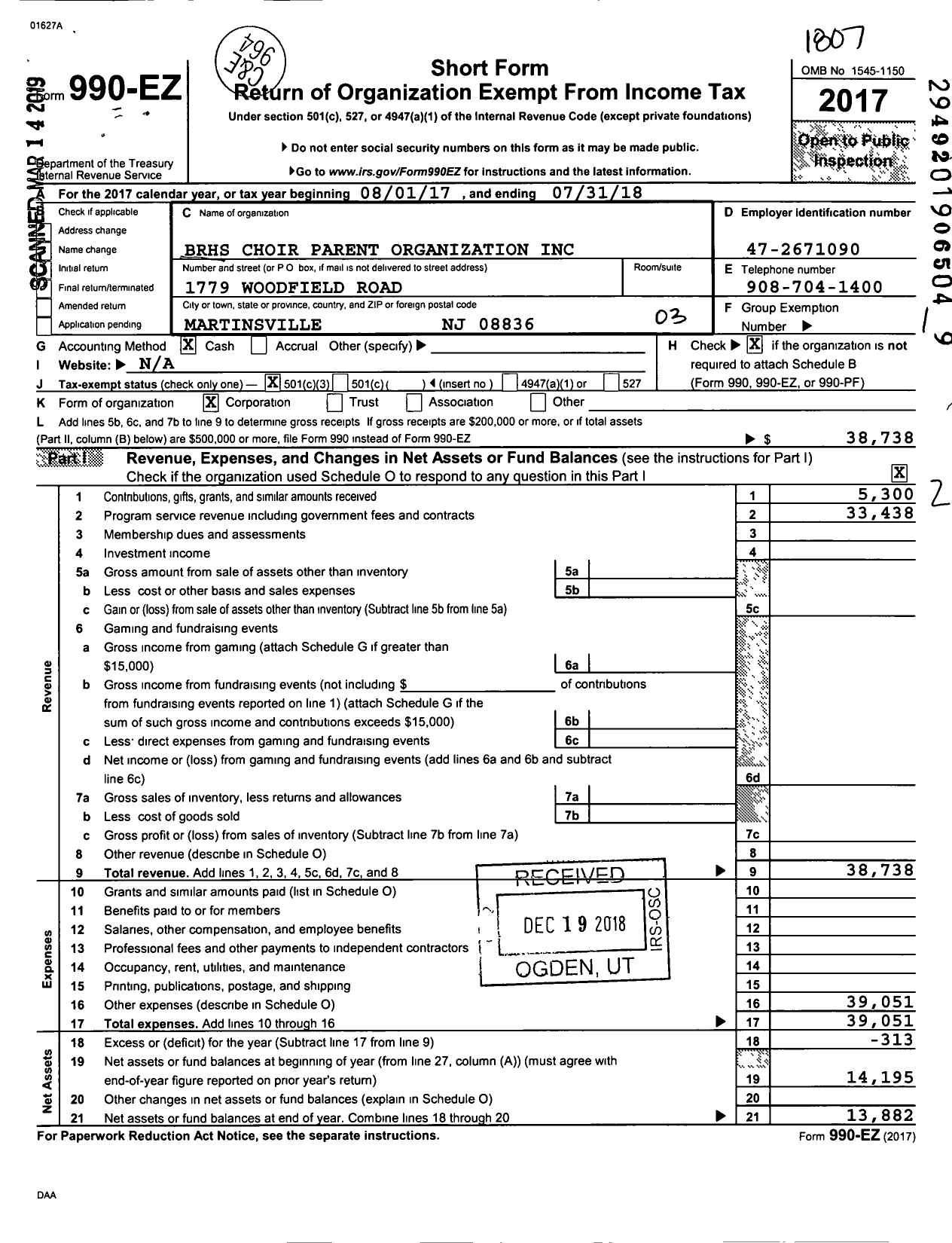 Image of first page of 2017 Form 990EZ for BRHS Choir Parent Organization