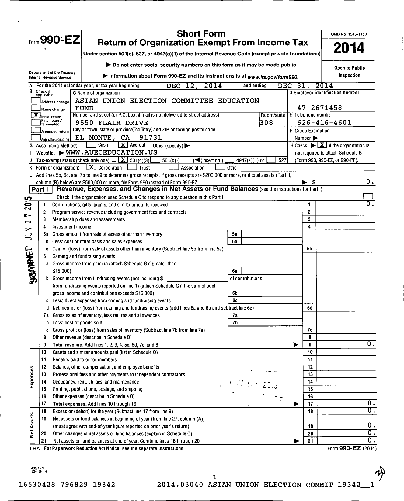 Image of first page of 2014 Form 990EZ for Asian Union Election Committee Education Fund