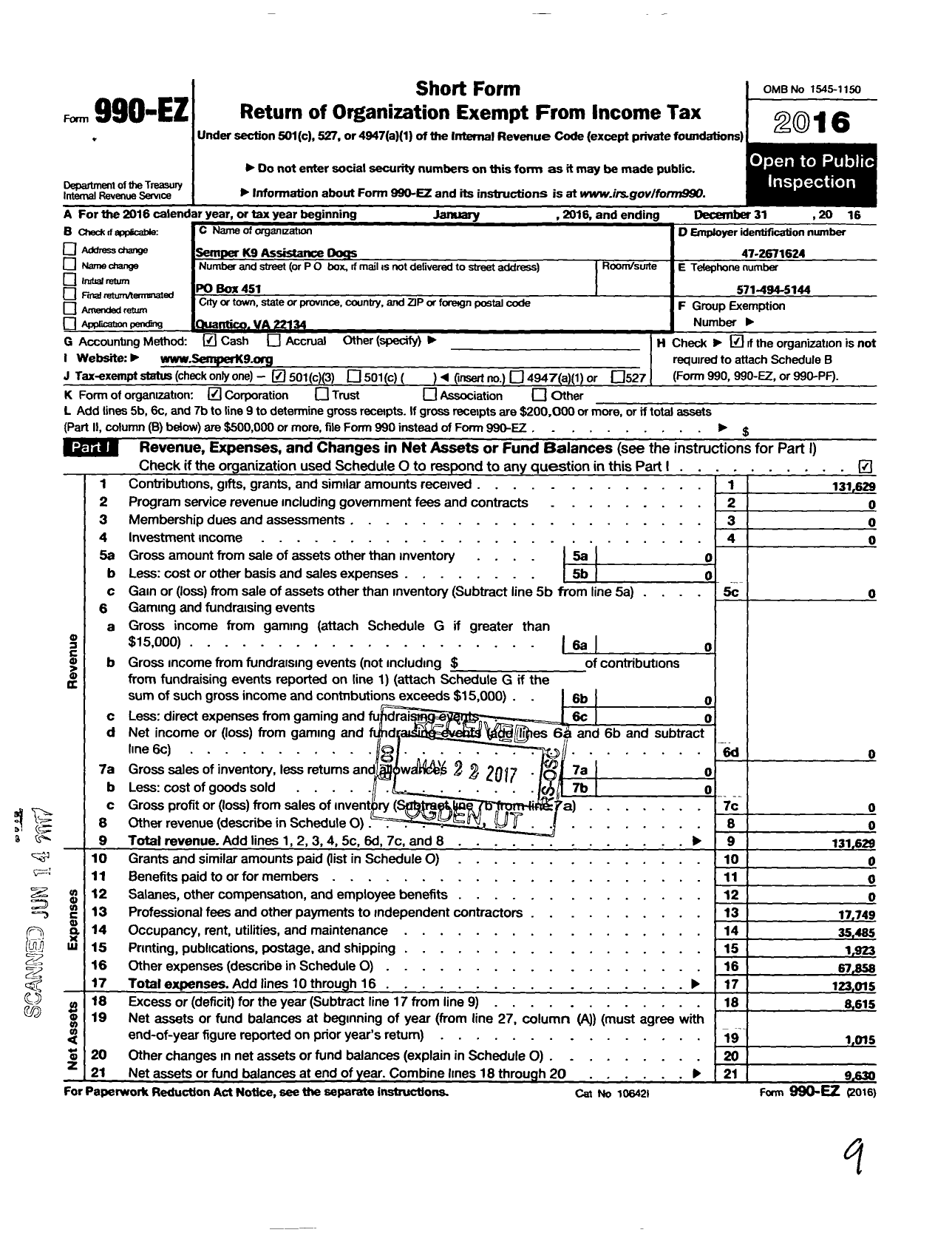 Image of first page of 2016 Form 990EZ for Semper K9 Assistance Dogs