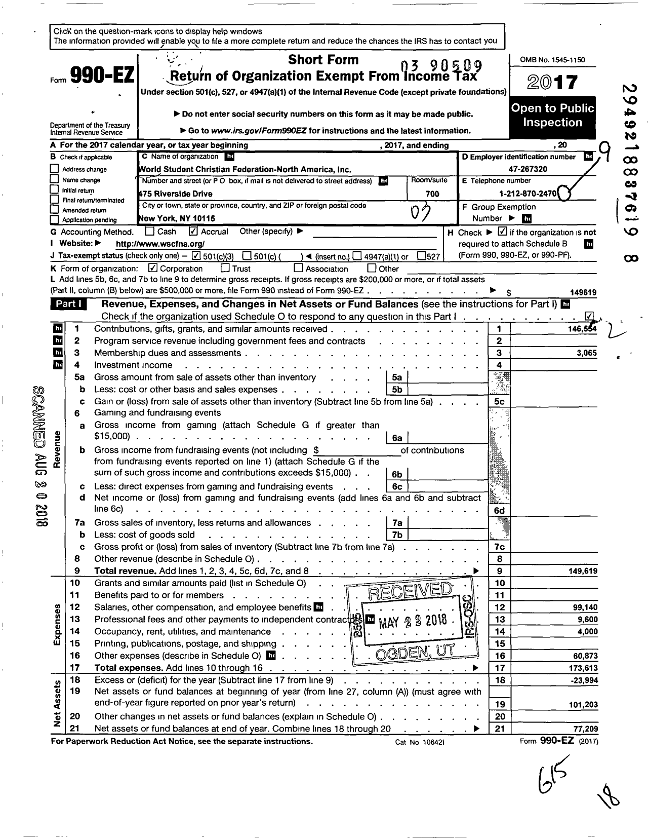 Image of first page of 2017 Form 990EZ for World Student Christian Federation - North America