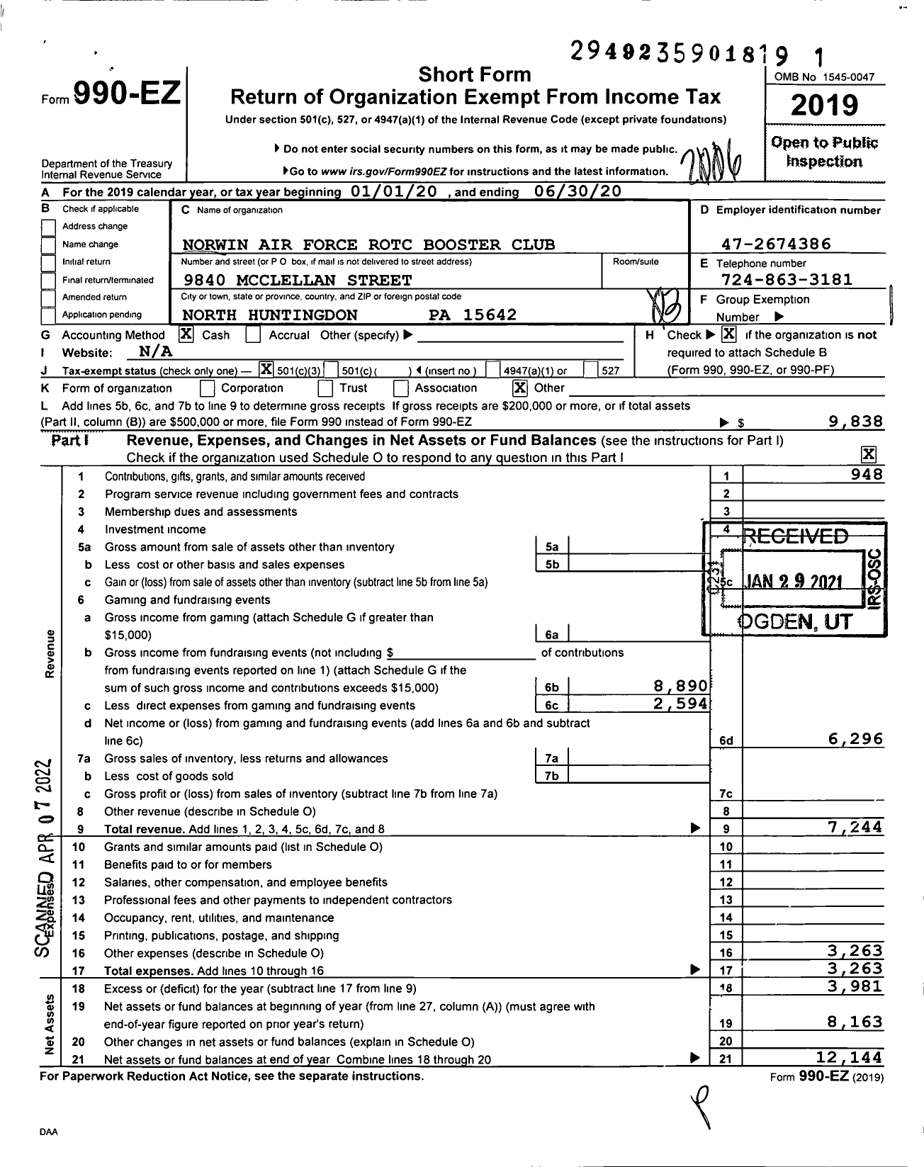 Image of first page of 2019 Form 990EZ for Norwin Air Force Junior Rotc