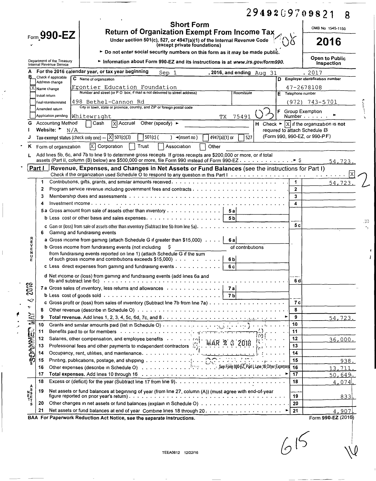 Image of first page of 2016 Form 990EZ for Frontier Education Foundation