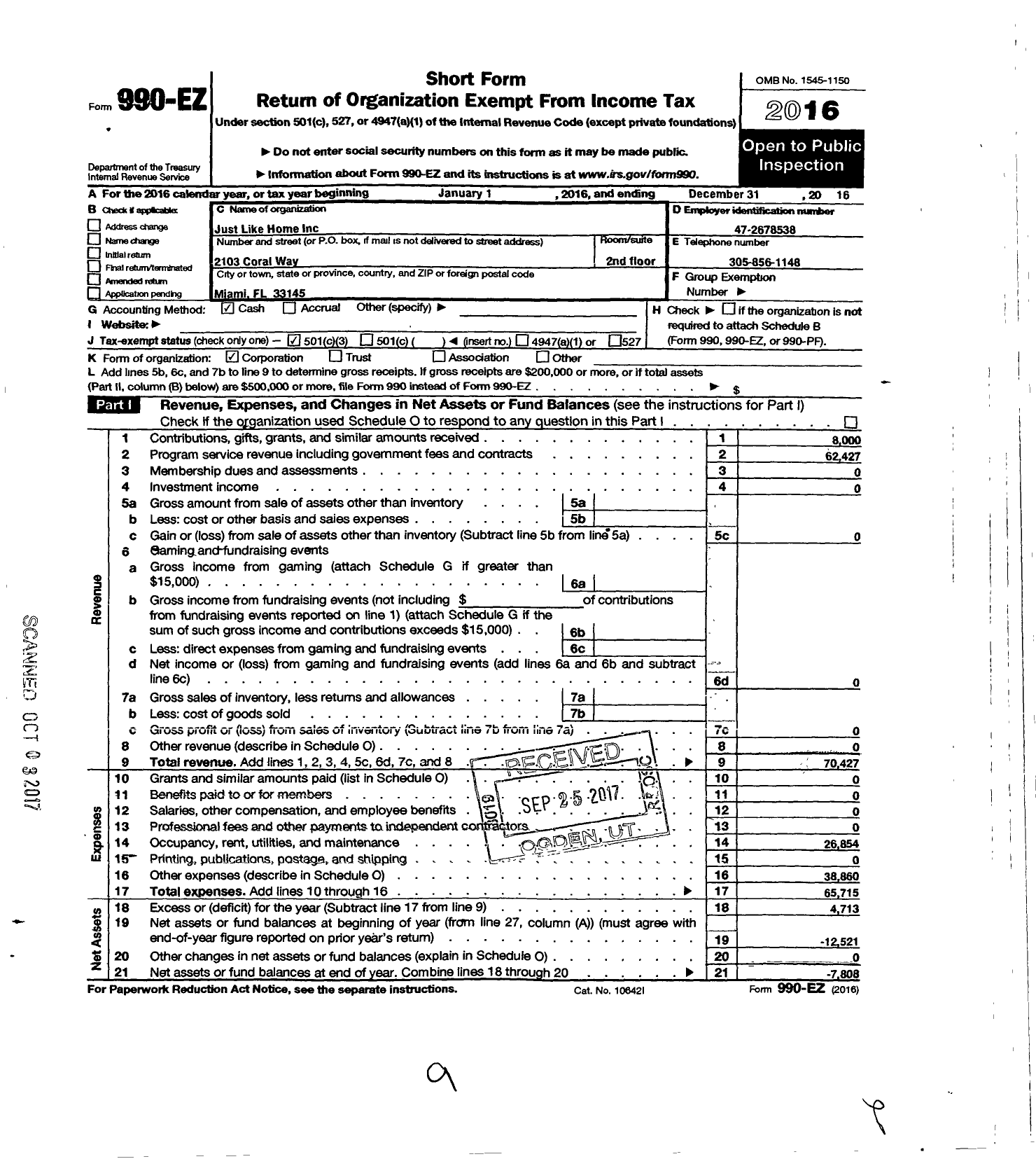 Image of first page of 2016 Form 990EZ for Just Like Home Childcare