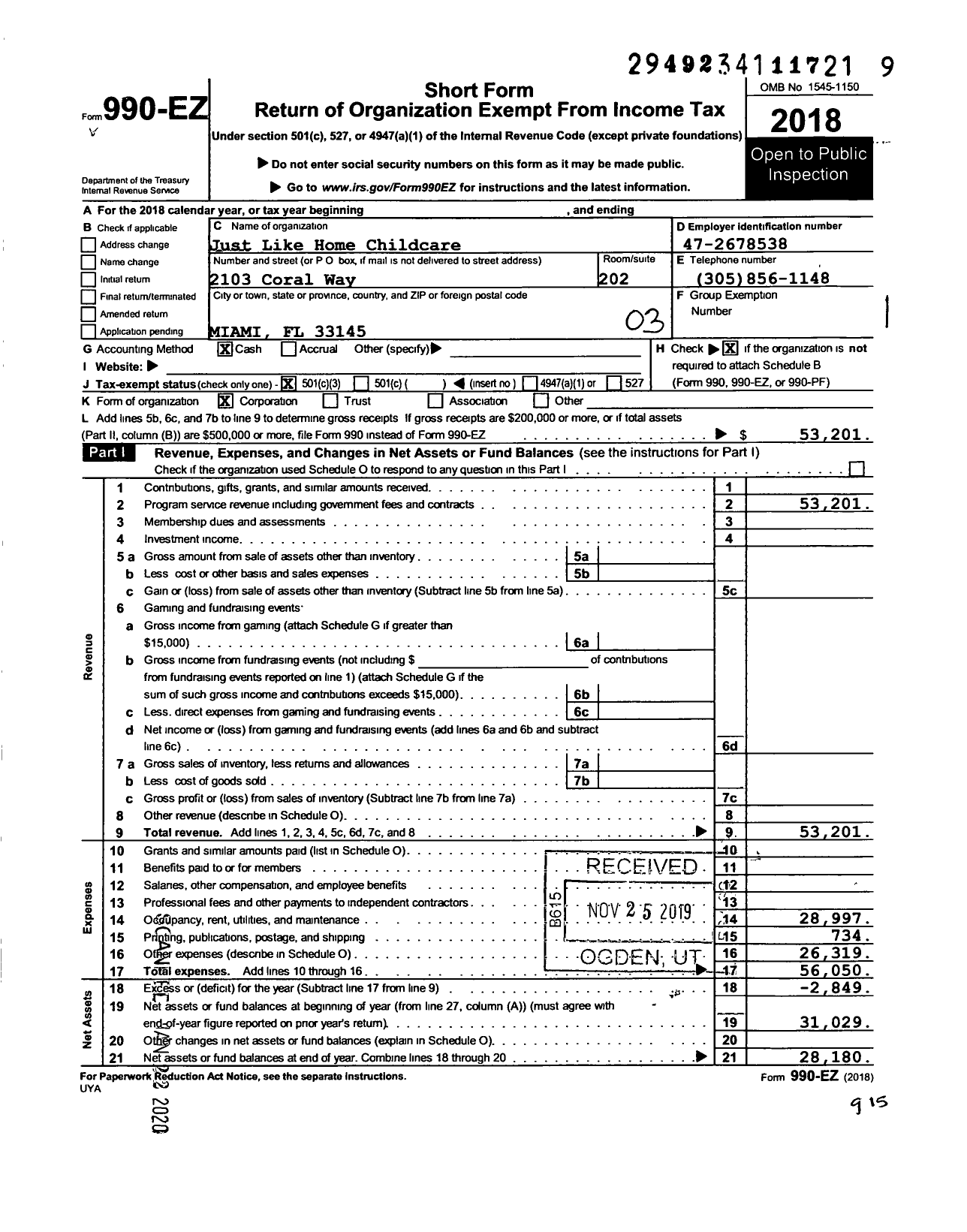 Image of first page of 2018 Form 990EZ for Just Like Home Childcare