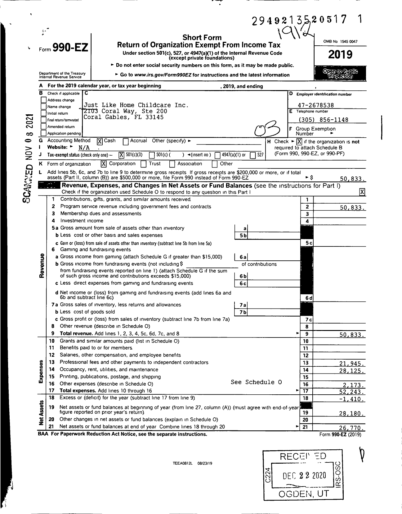 Image of first page of 2019 Form 990EZ for Just Like Home Childcare