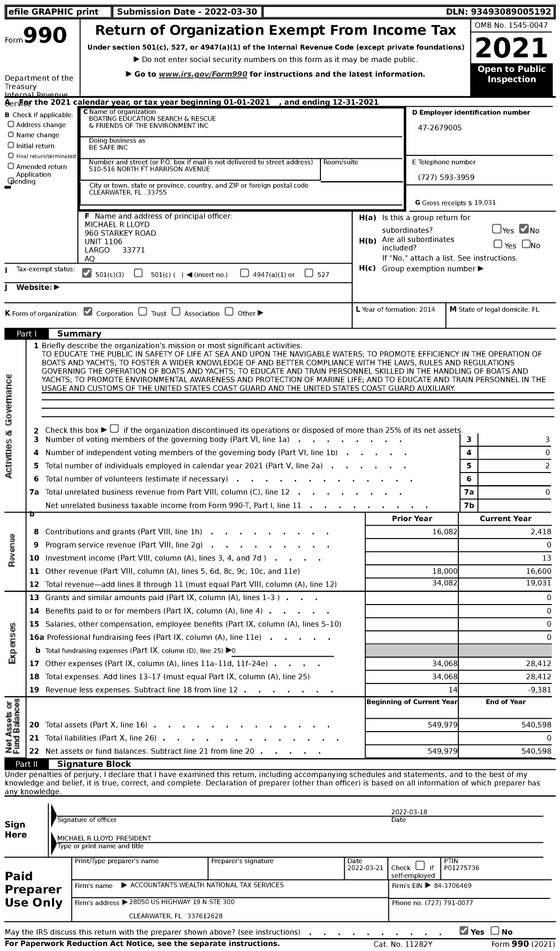 Image of first page of 2021 Form 990 for Be Safe / Boating Education Search & Rescue & Friends of the Environment Inc