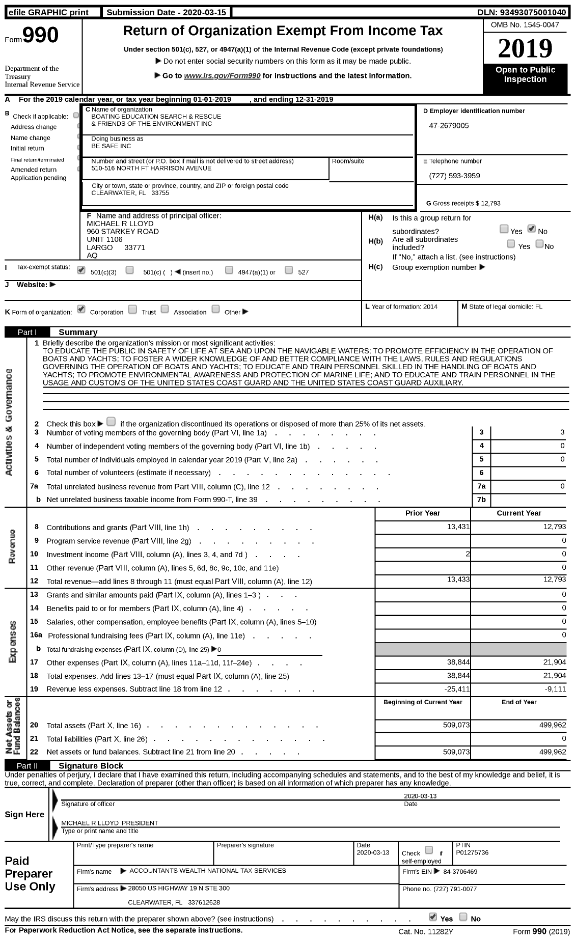 Image of first page of 2019 Form 990 for Be Safe / Boating Education Search & Rescue & Friends of the Environment Inc