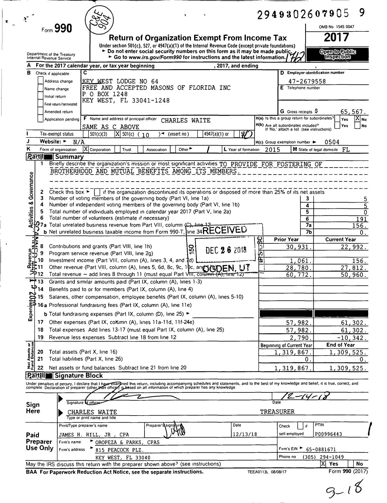 Image of first page of 2017 Form 990O for Key West Lodge No 64 Free and Accepted Masons of Florida