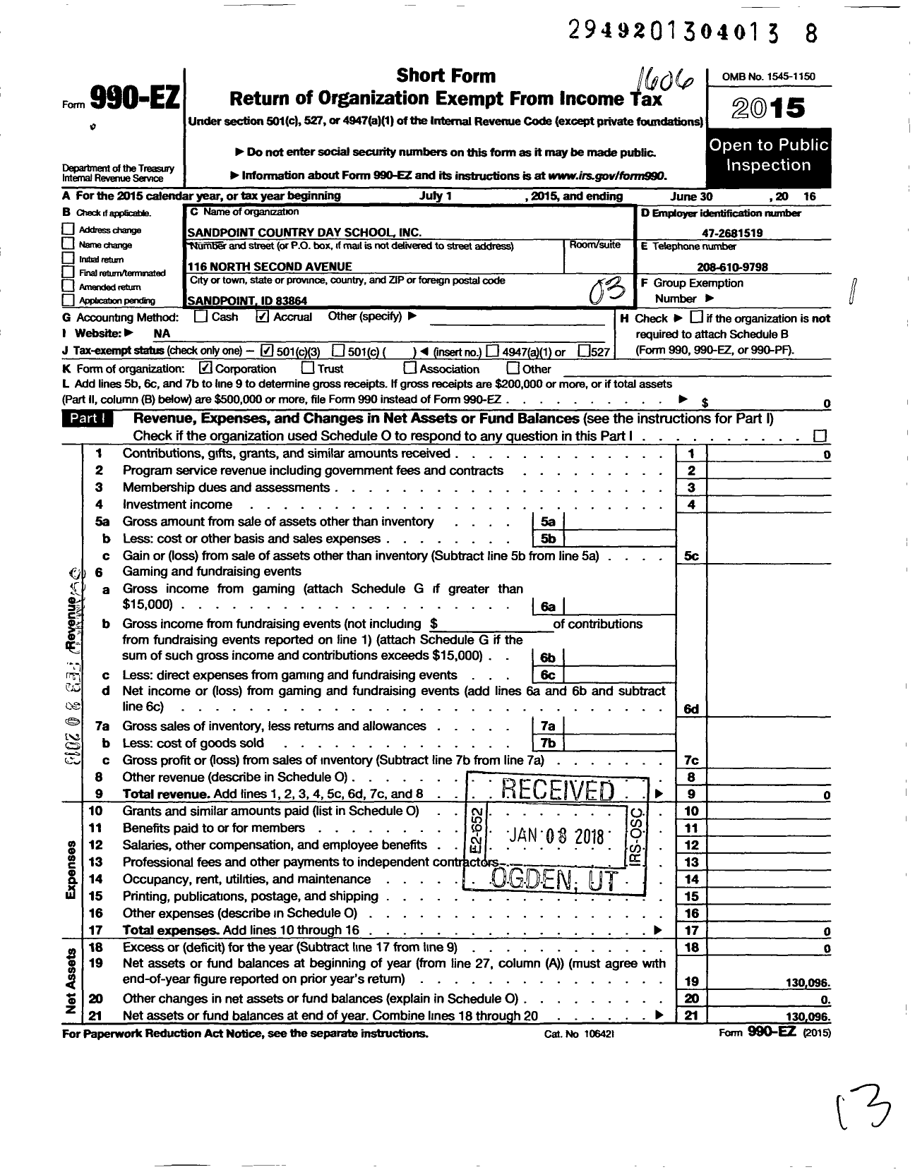 Image of first page of 2015 Form 990EZ for Sandpoint Country Day School