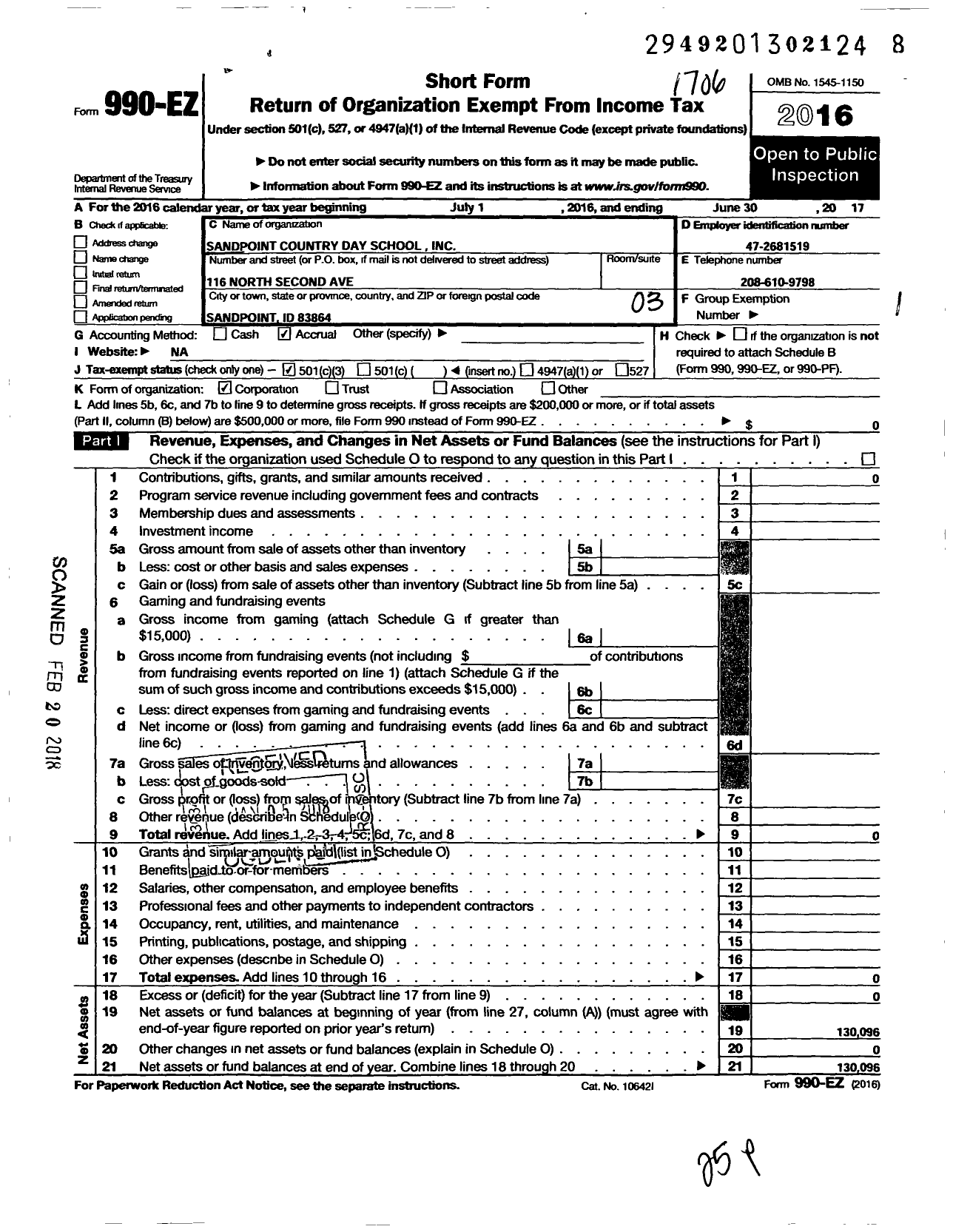 Image of first page of 2016 Form 990EZ for Sandpoint Country Day School