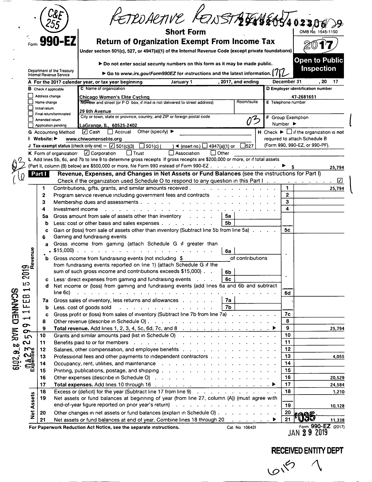 Image of first page of 2017 Form 990EZ for Chicago Womens Elite Cycling