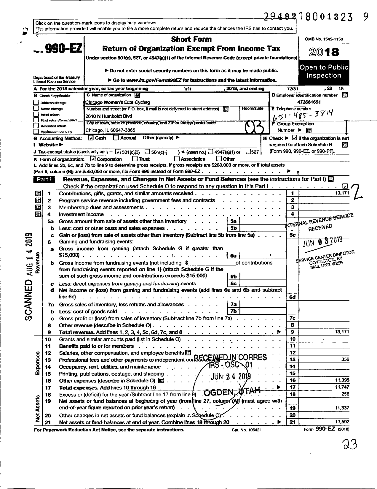 Image of first page of 2018 Form 990EZ for Chicago Womens Elite Cycling