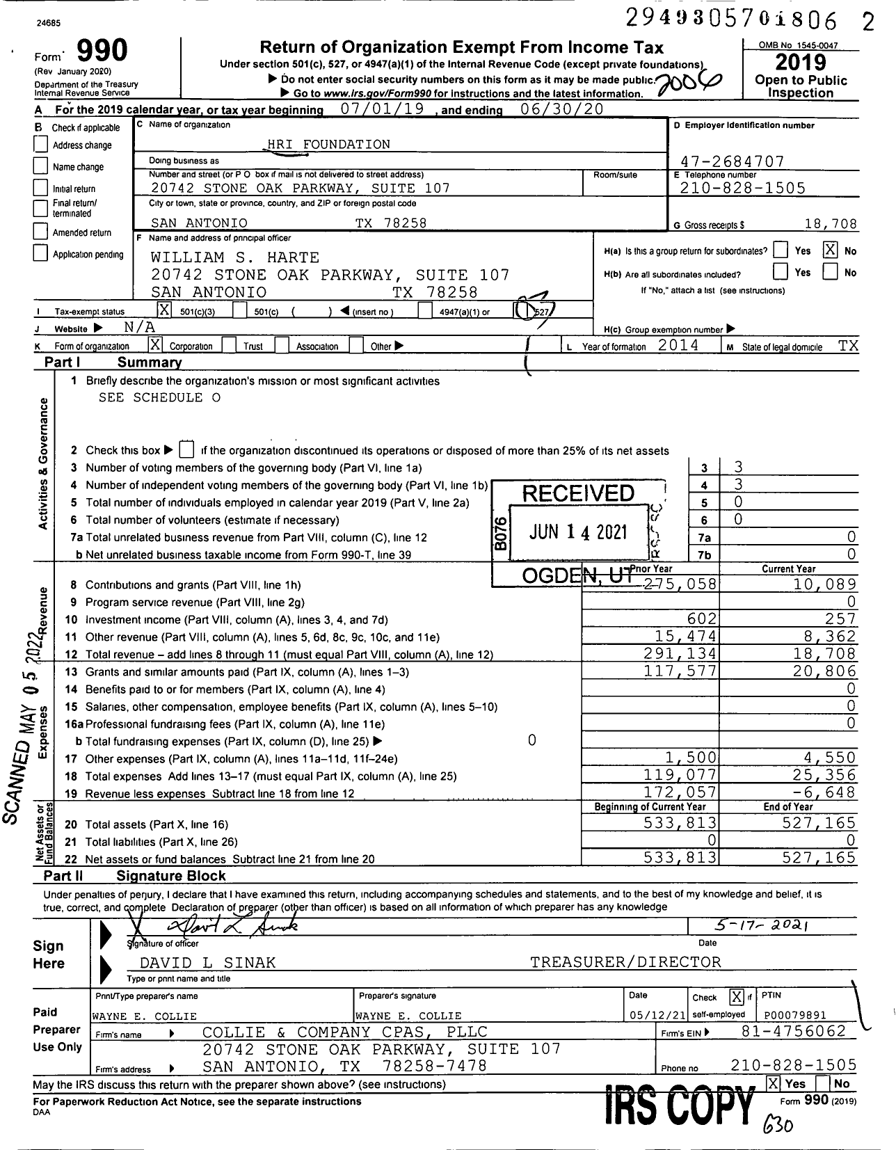 Image of first page of 2019 Form 990 for Hri Foundation