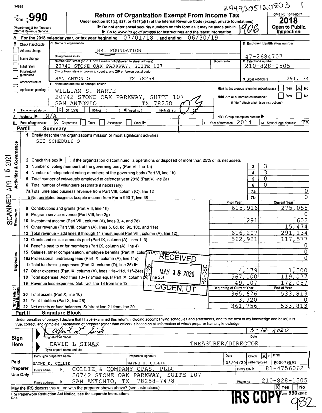 Image of first page of 2018 Form 990 for Hri Foundation