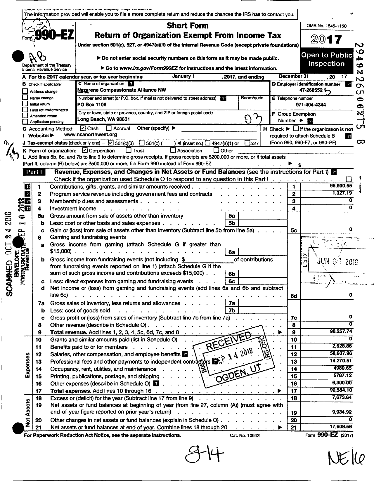 Image of first page of 2017 Form 990EZ for Nazarene Compassionate Aliance