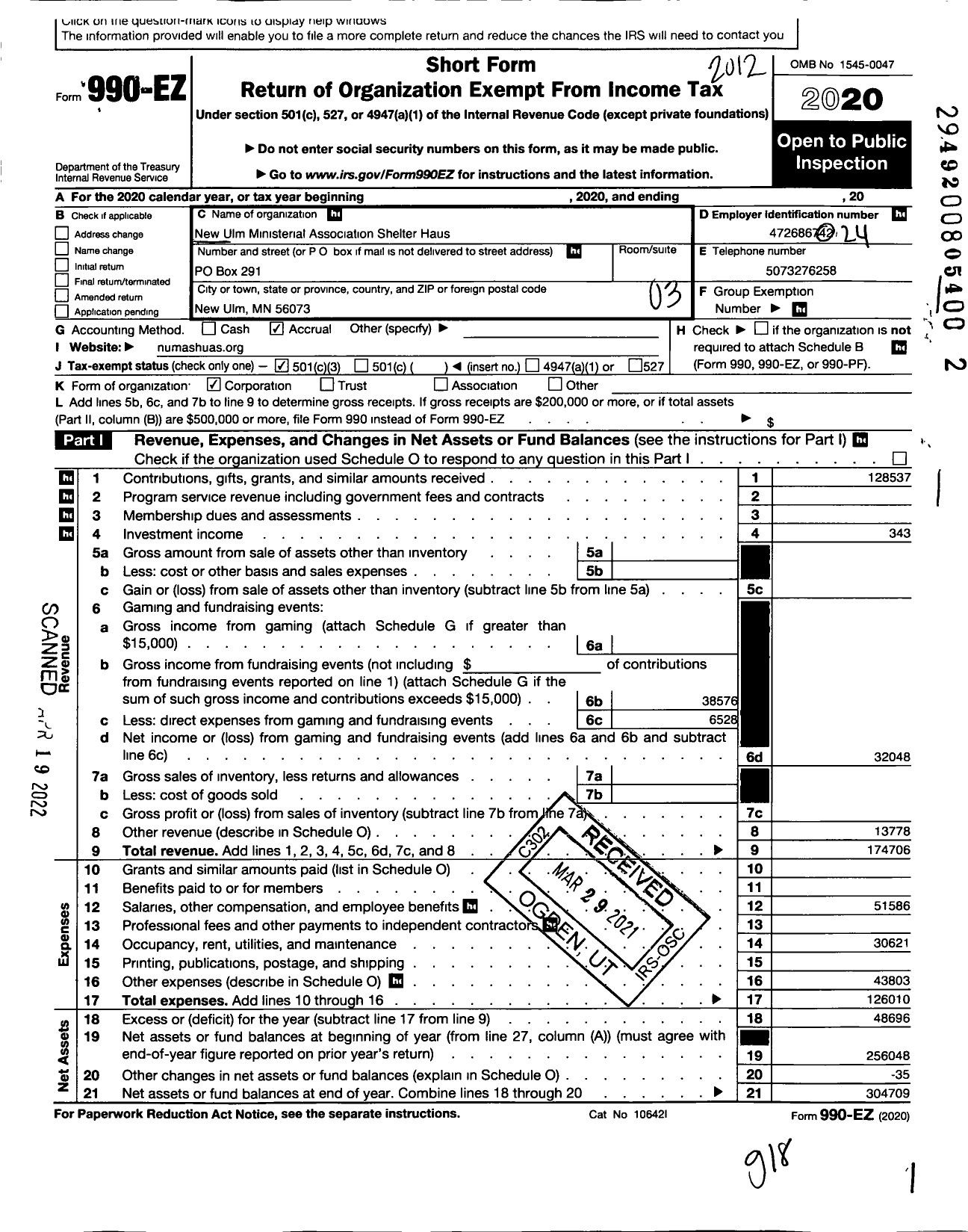 Image of first page of 2020 Form 990EZ for New Ulm Ministeral Association Shelter Ter Haus