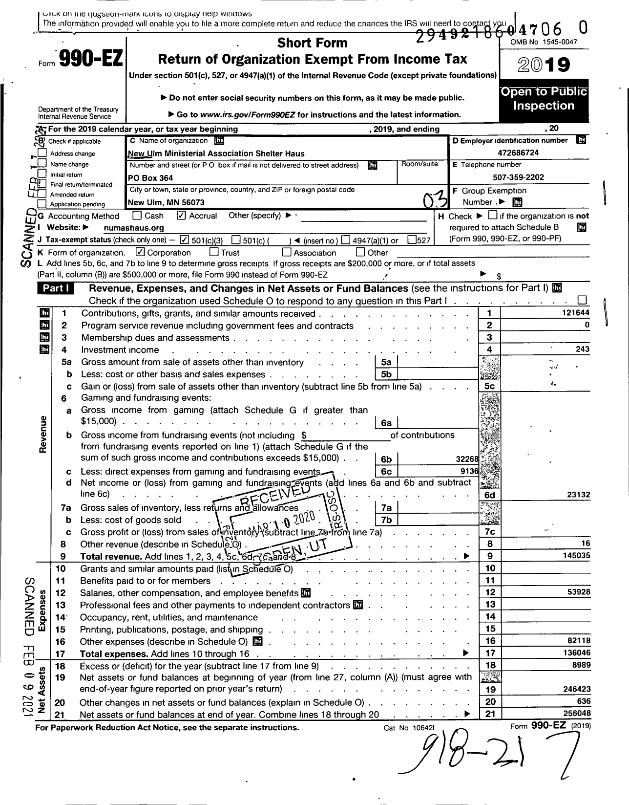 Image of first page of 2019 Form 990EZ for New Ulm Ministeral Association Shelter Ter Haus