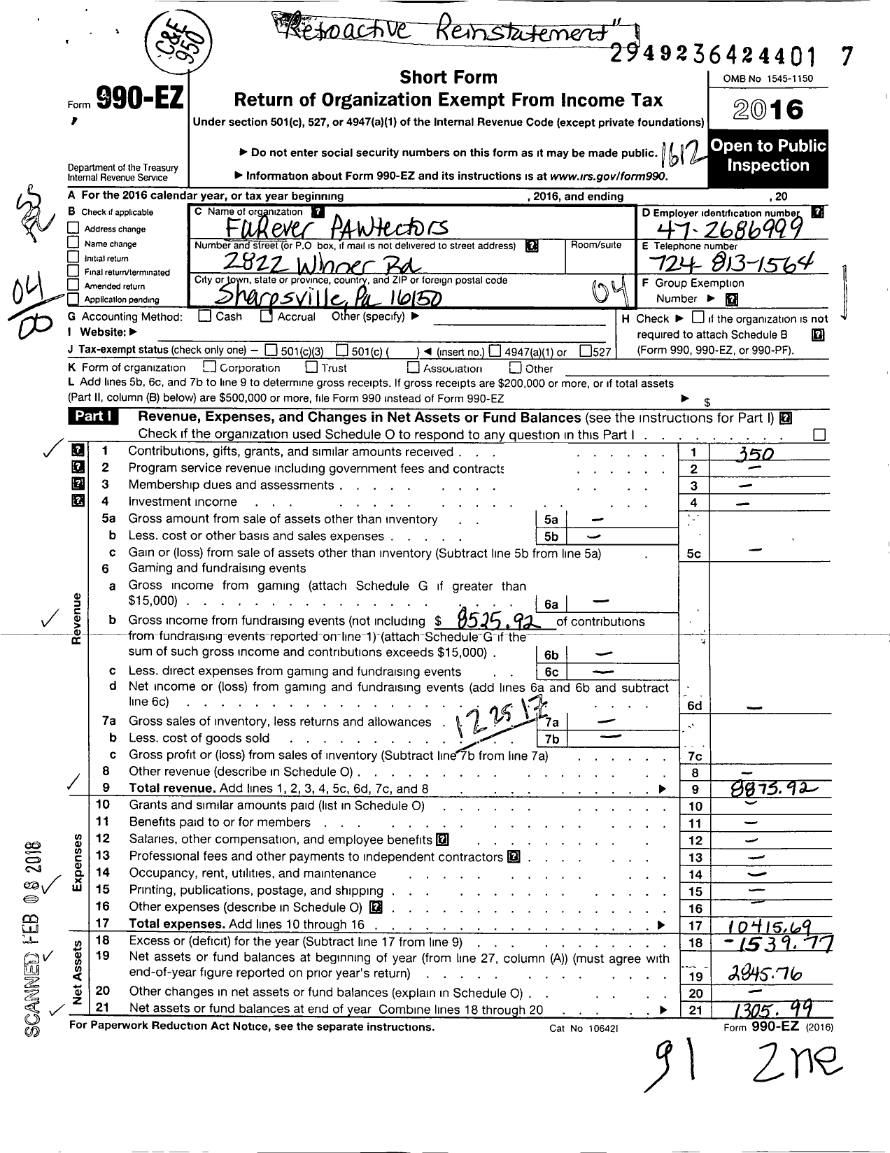 Image of first page of 2016 Form 990EO for Furever Pawtectors