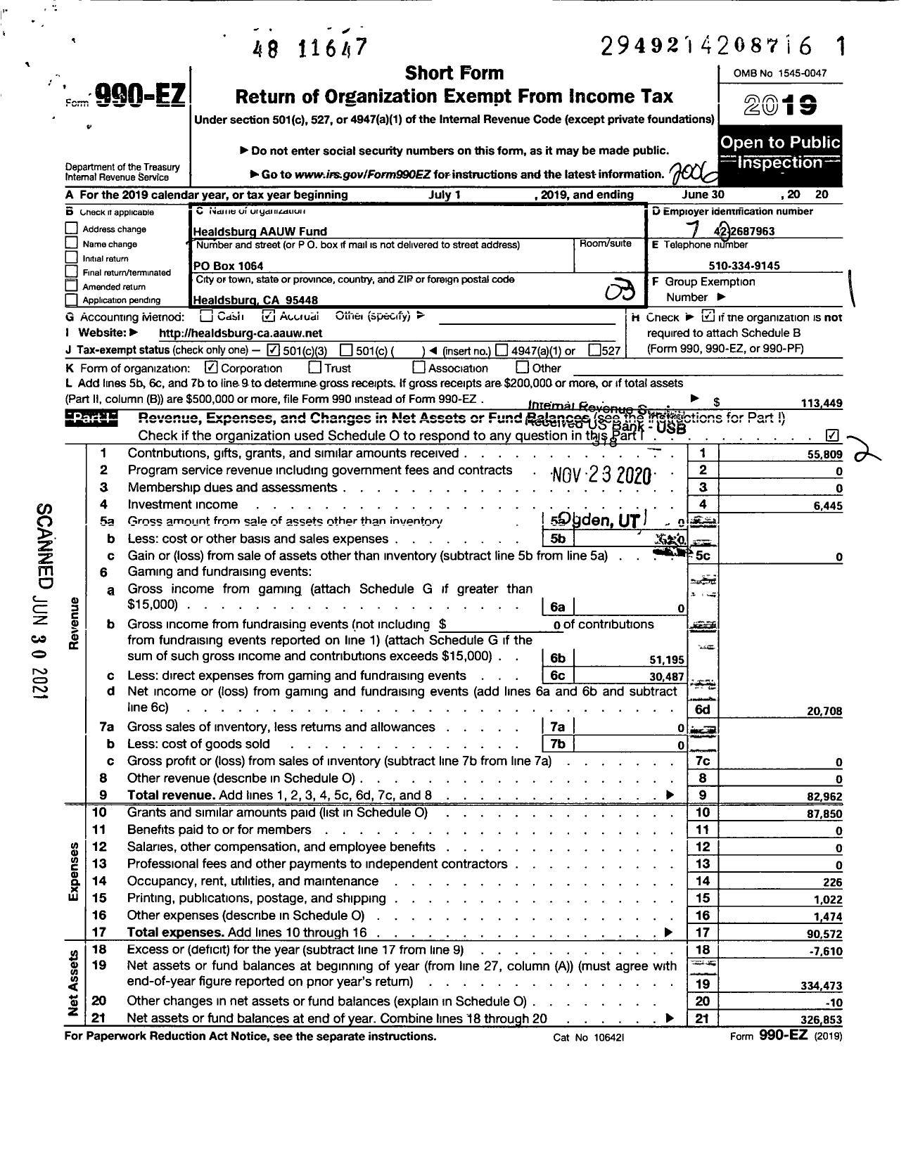 Image of first page of 2019 Form 990EZ for Healdsburg AAUW Fund