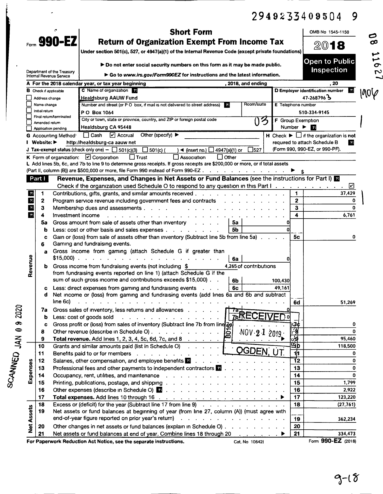 Image of first page of 2018 Form 990EZ for Healdsburg AAUW Fund