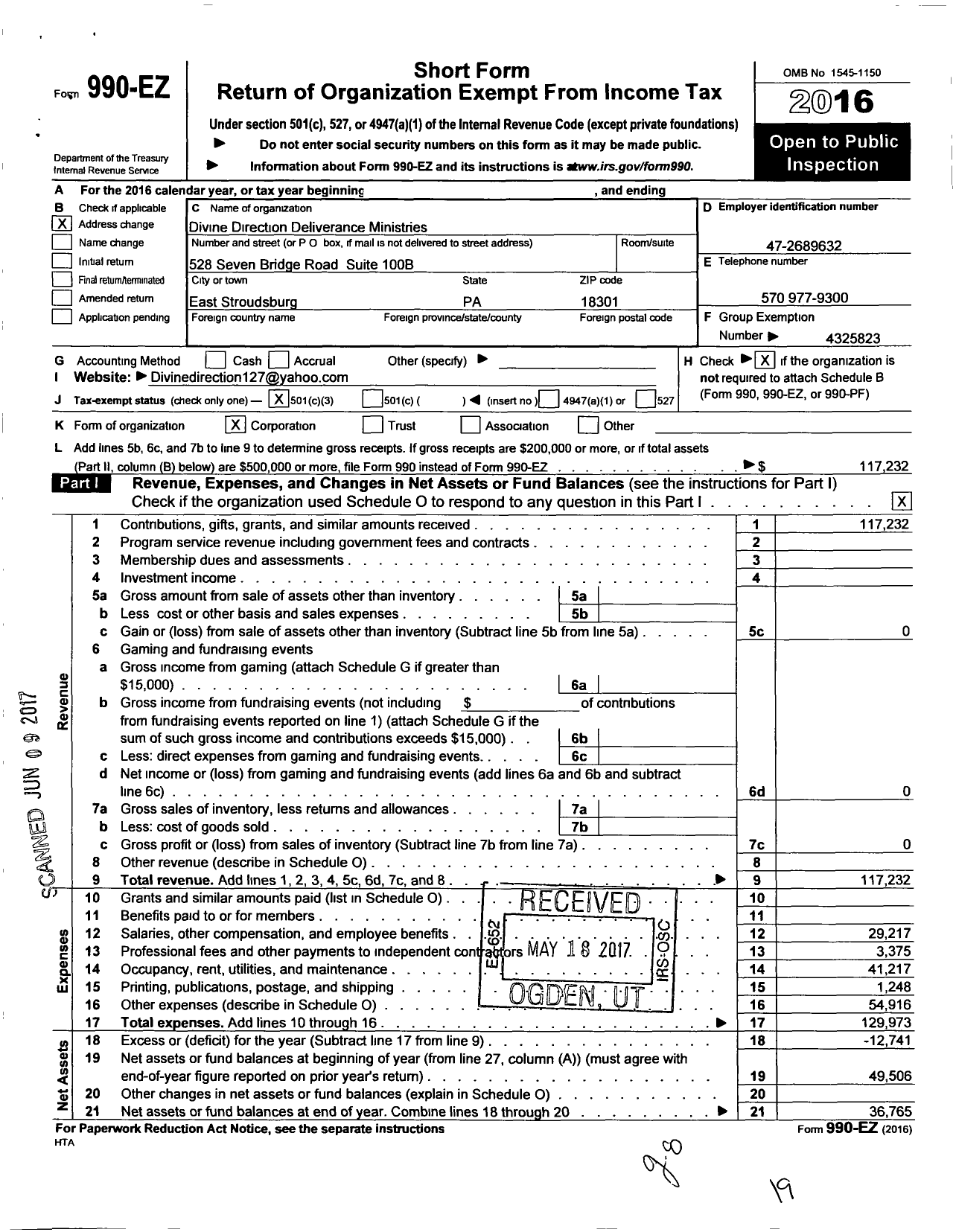 Image of first page of 2016 Form 990EZ for Divine Direction Deliverance Ministries