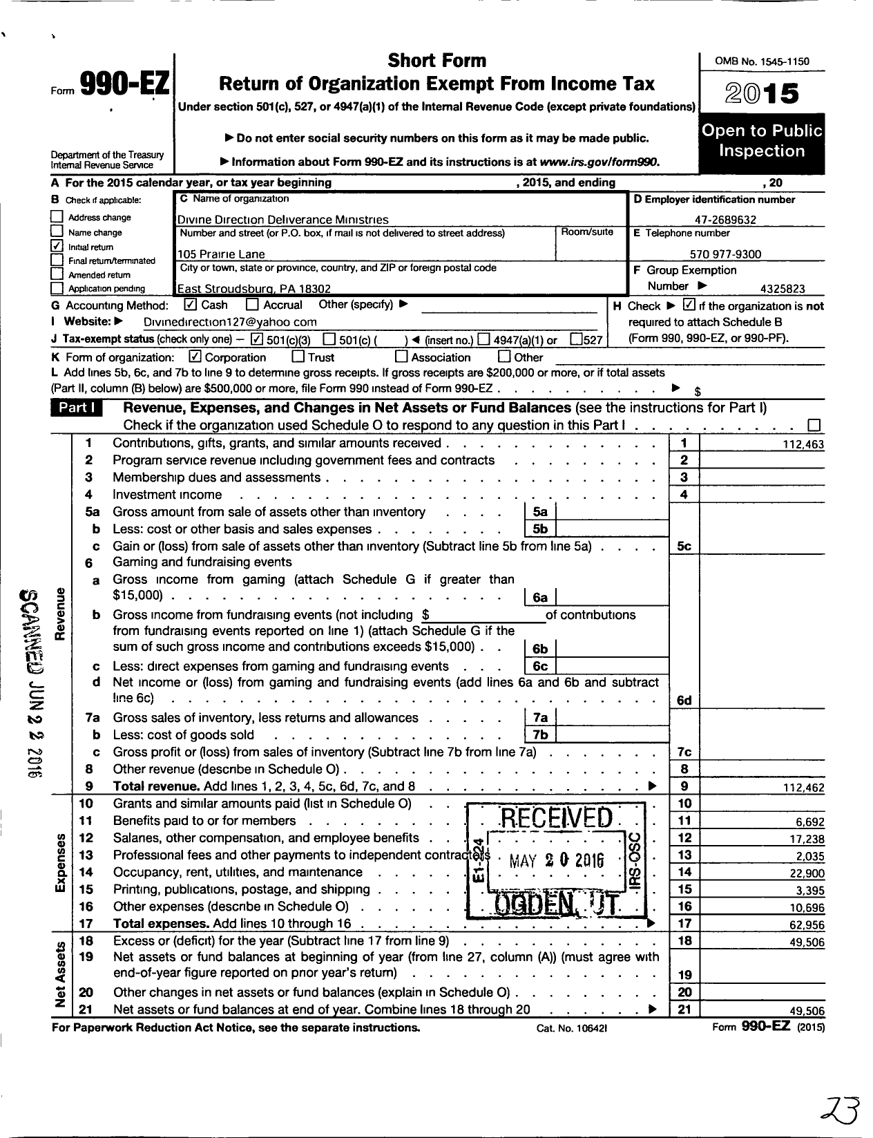 Image of first page of 2015 Form 990EZ for Divine Direction Deliverance Ministries