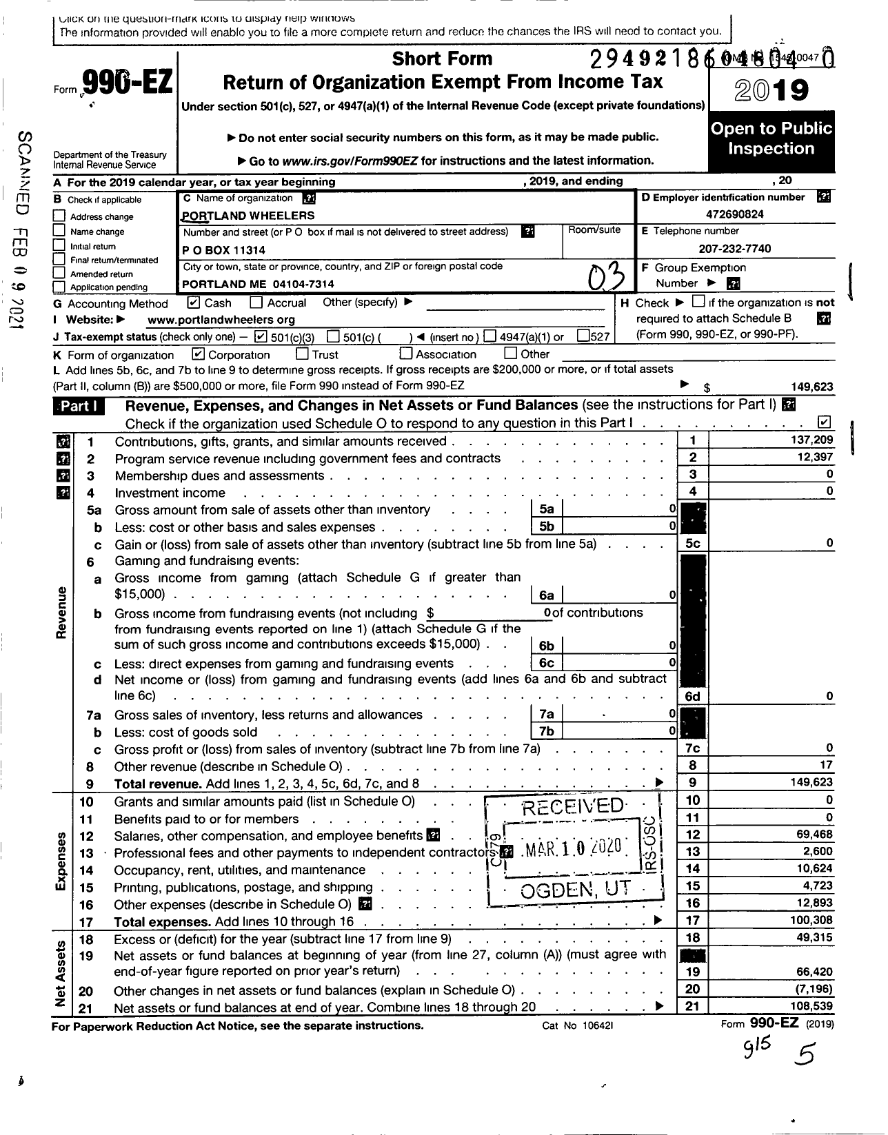 Image of first page of 2019 Form 990EZ for Portland Wheelers