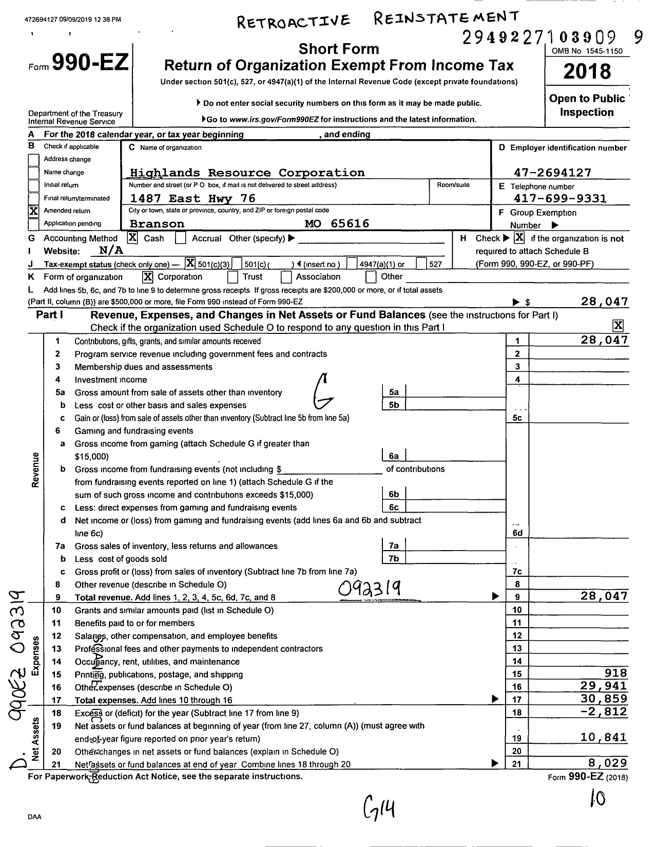 Image of first page of 2018 Form 990EZ for Highlands Resource Corporation