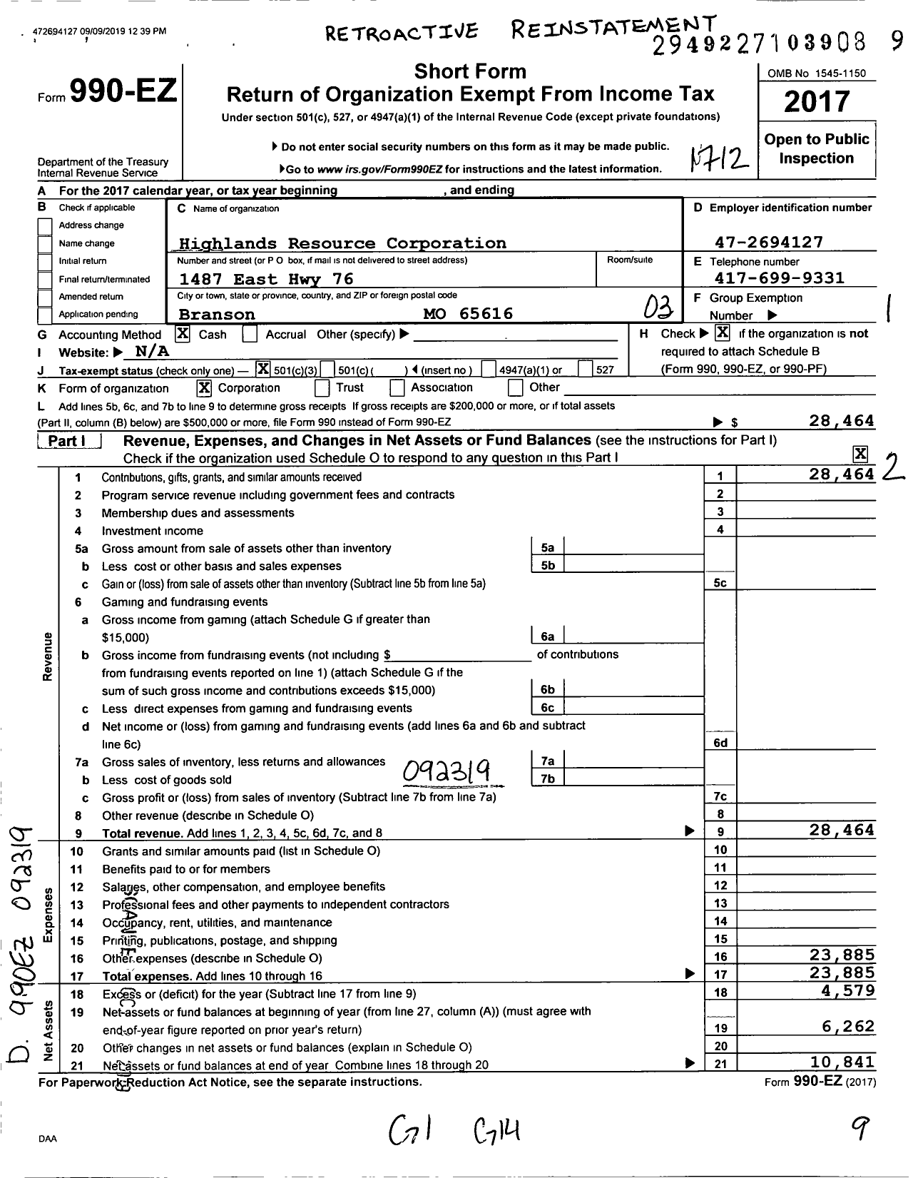 Image of first page of 2017 Form 990EZ for Highlands Resource Corporation