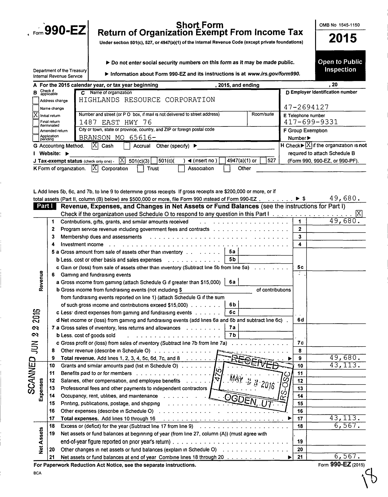 Image of first page of 2015 Form 990EZ for Highlands Resource Corporation