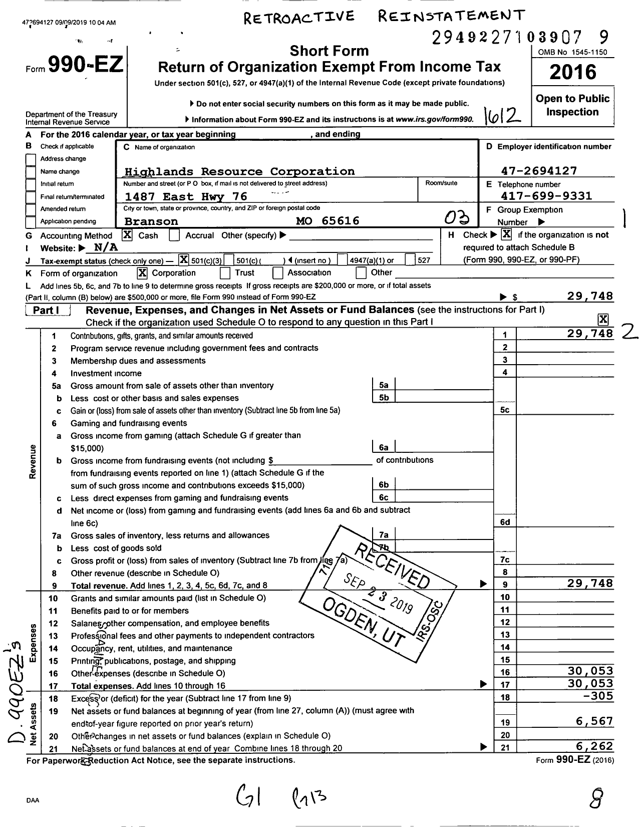 Image of first page of 2016 Form 990EZ for Highlands Resource Corporation