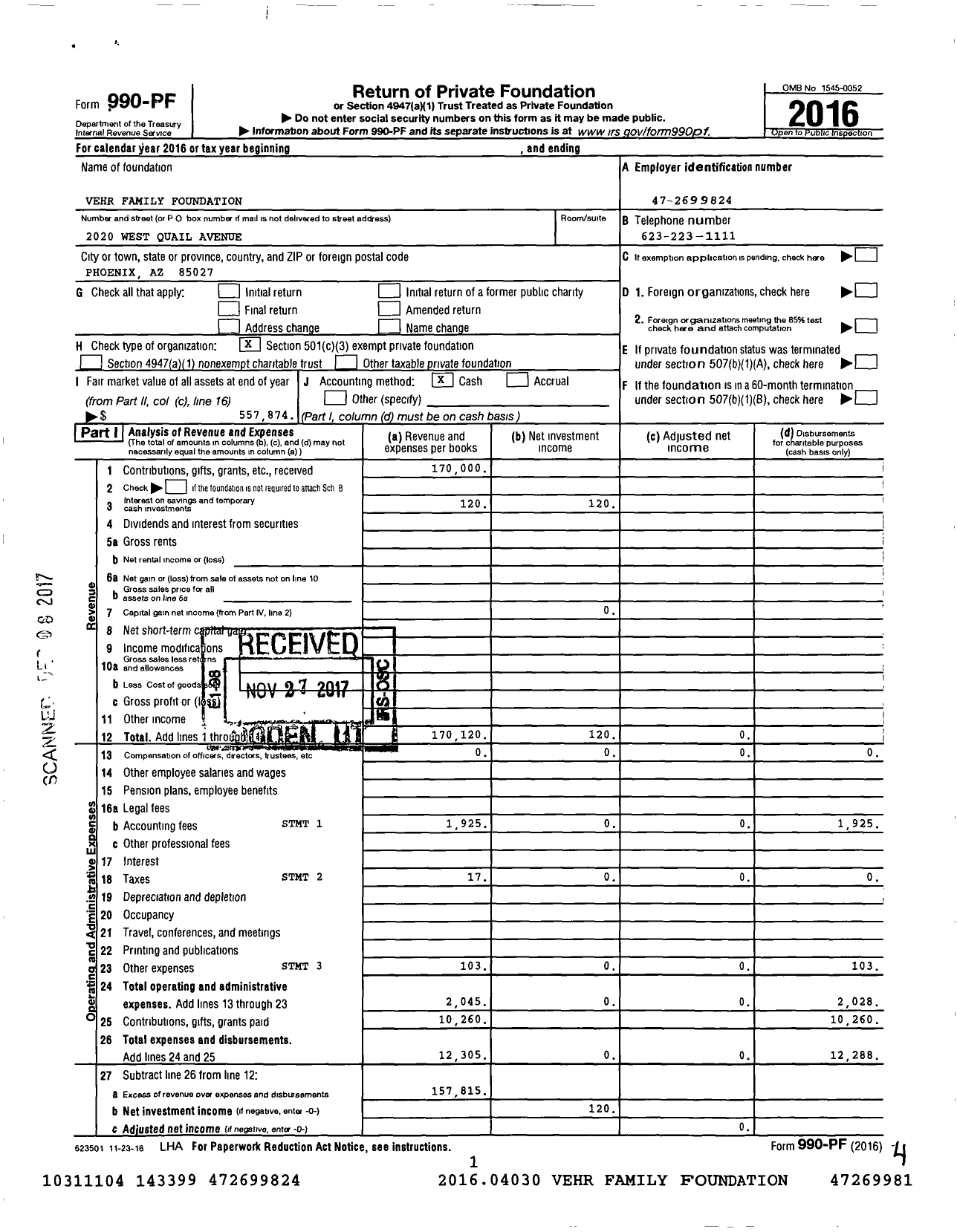 Image of first page of 2016 Form 990PF for Vehr Family Foundation