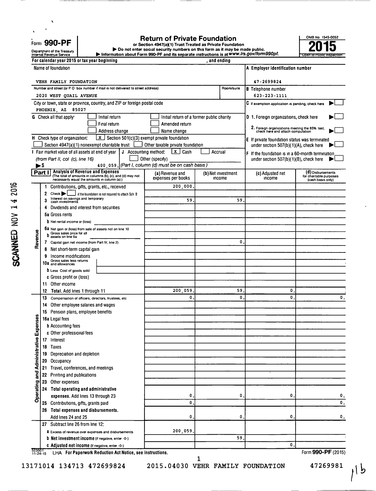 Image of first page of 2015 Form 990PF for Vehr Family Foundation