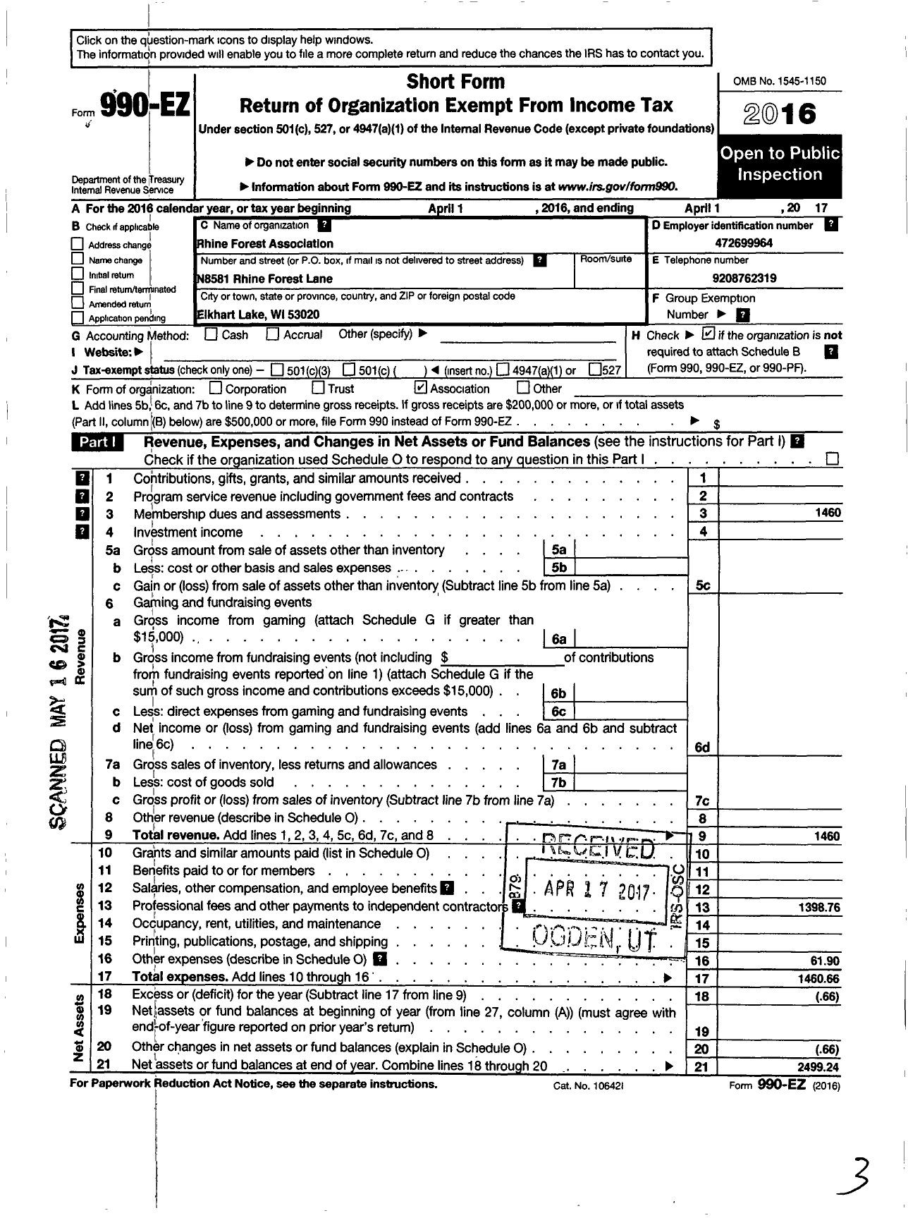 Image of first page of 2016 Form 990EO for Rhine Forest Association