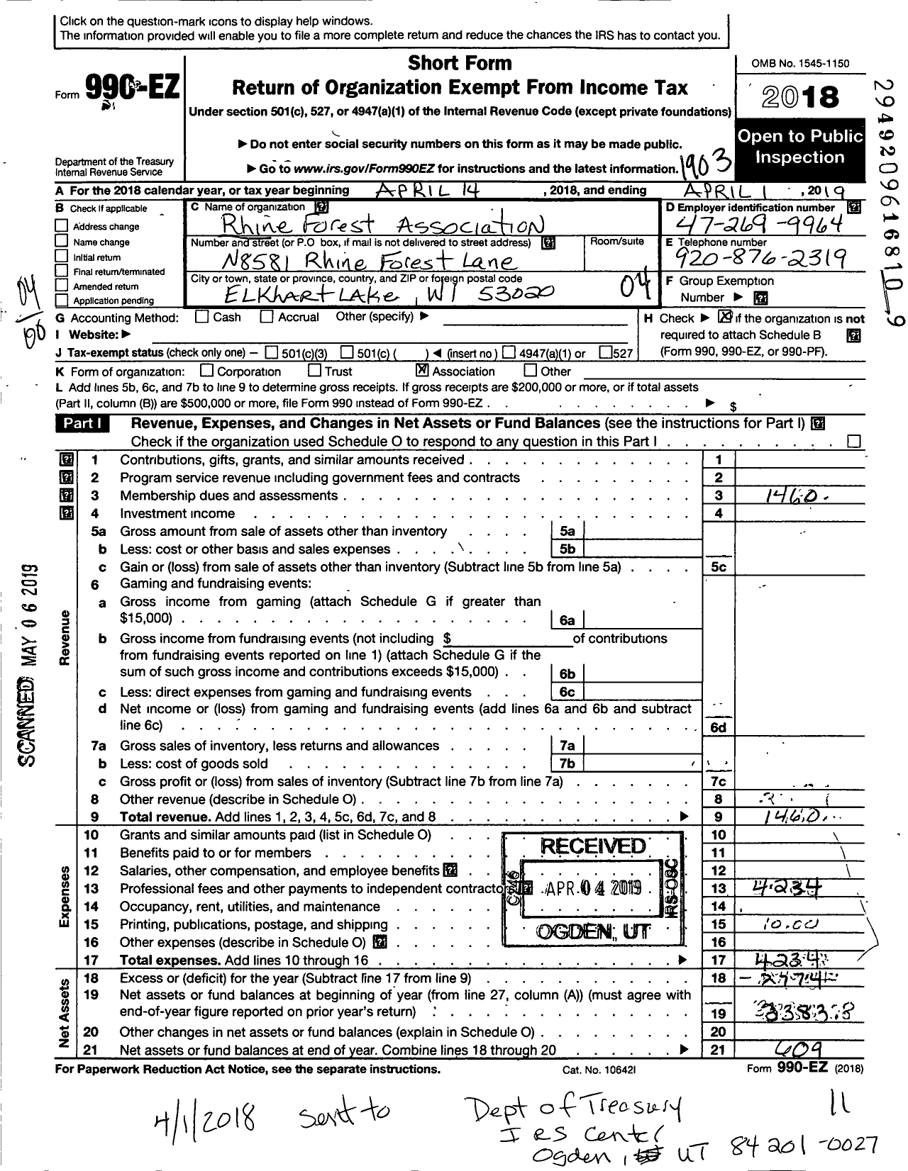 Image of first page of 2018 Form 990EO for Rhine Forest Association