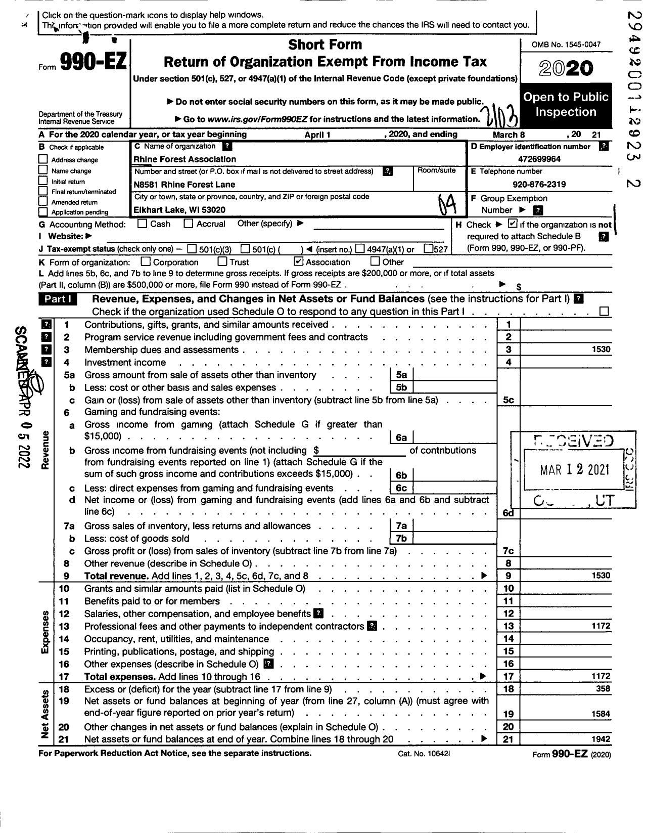 Image of first page of 2020 Form 990EO for Rhine Forest Association