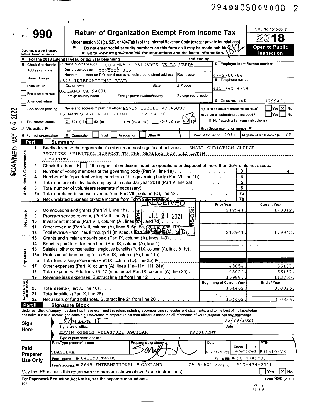 Image of first page of 2018 Form 990 for Columna Y Baluarte de La Verda Timoteo 315