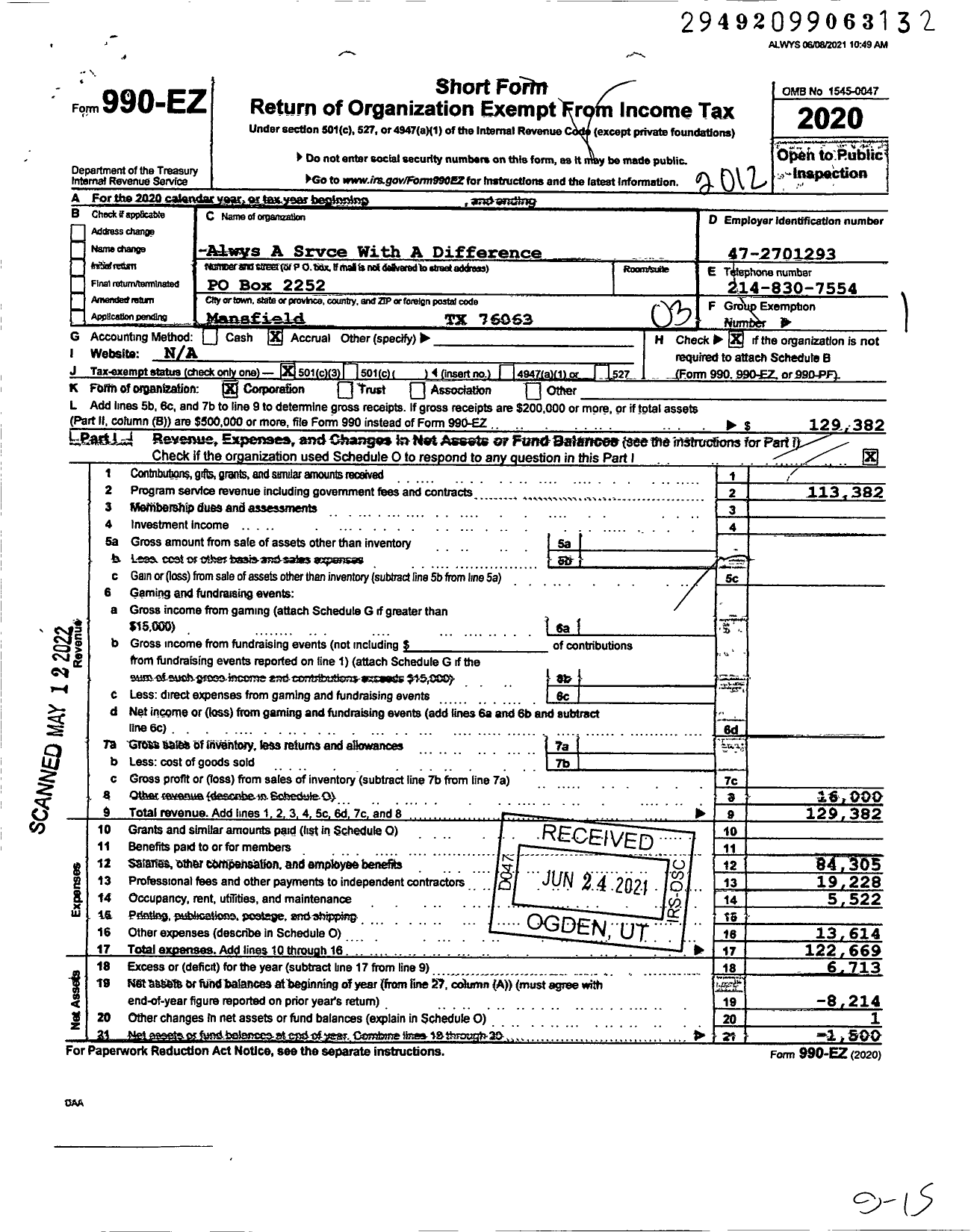 Image of first page of 2020 Form 990EZ for Alwys A Srvce with A Difference