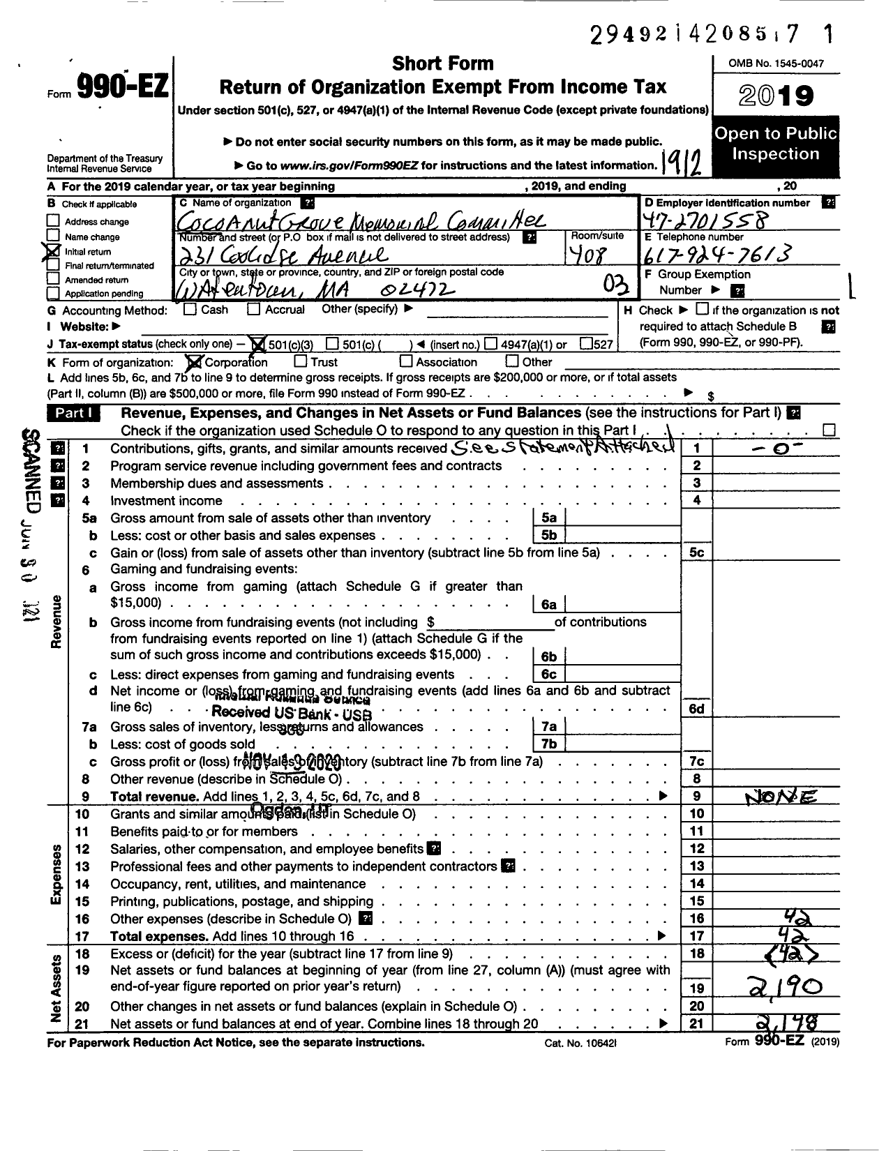 Image of first page of 2019 Form 990EZ for Cocoanut Grove Memorial Committee