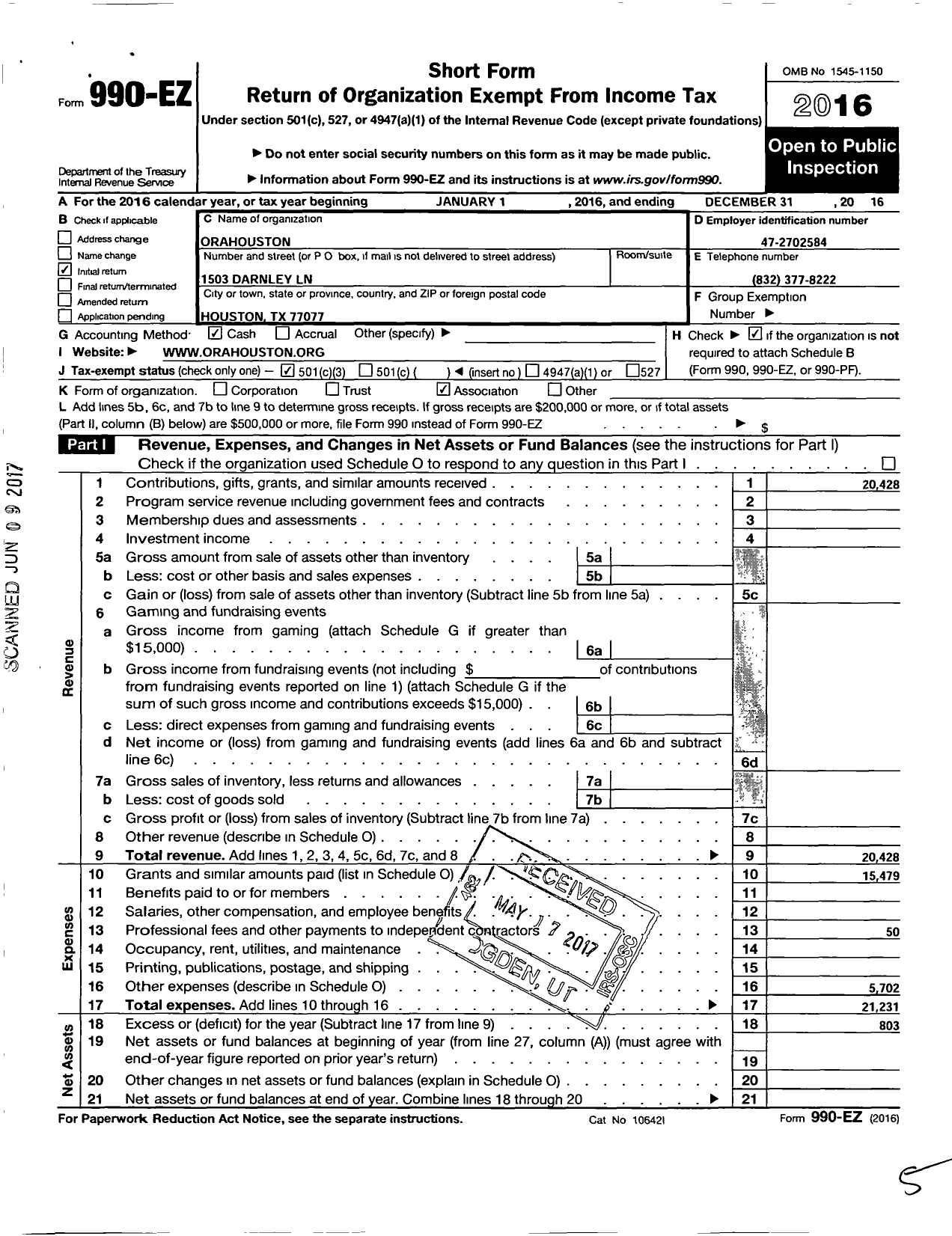 Image of first page of 2016 Form 990EZ for OraHouston