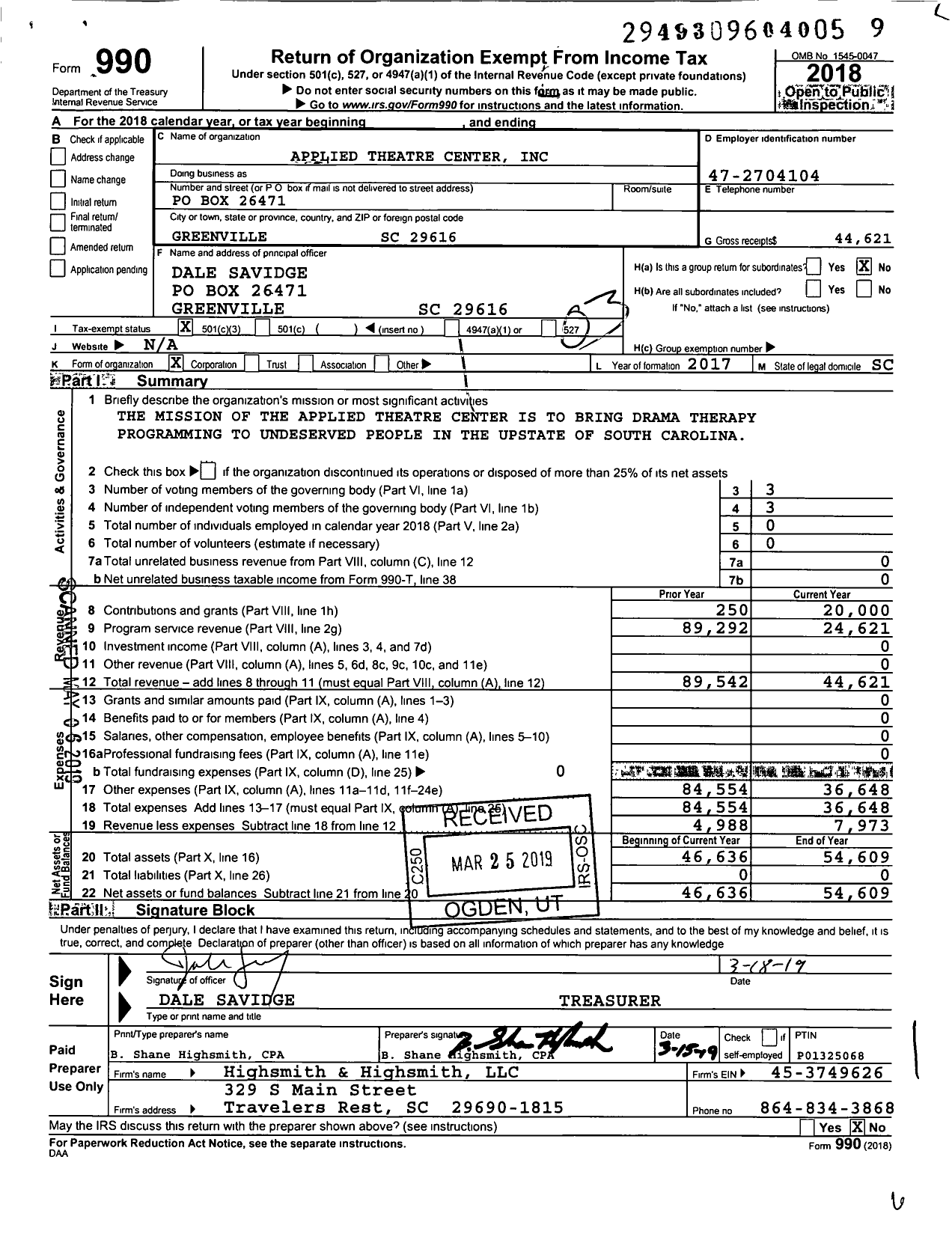 Image of first page of 2018 Form 990 for Applied Theatre Center