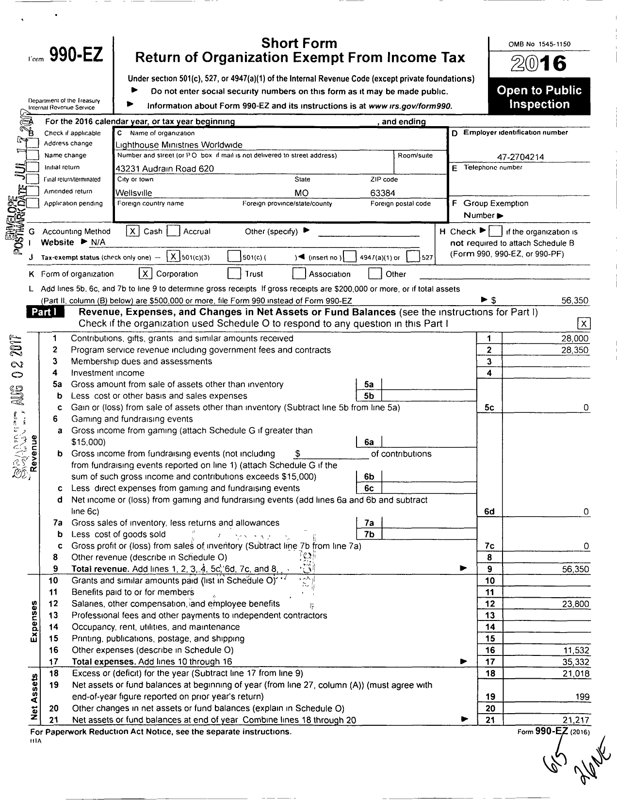 Image of first page of 2016 Form 990EZ for Lighthouse Ministries Worldwide