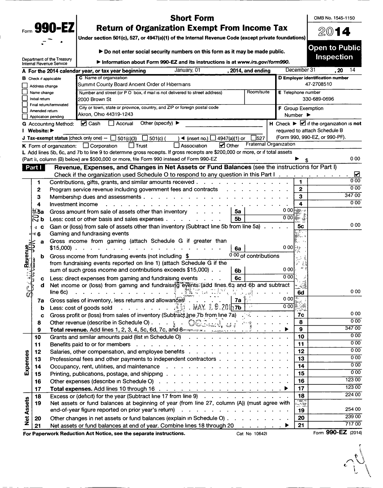 Image of first page of 2014 Form 990EO for The Summit County Board of the Ancient Order of Hibernians of Ohi