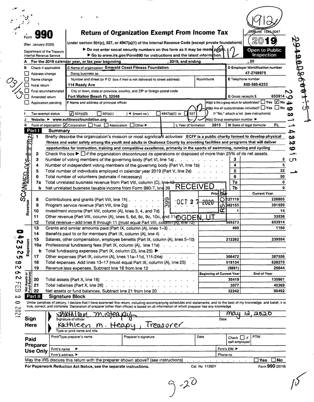 Image of first page of 2019 Form 990 for Emerald Coast Fitness Foundation