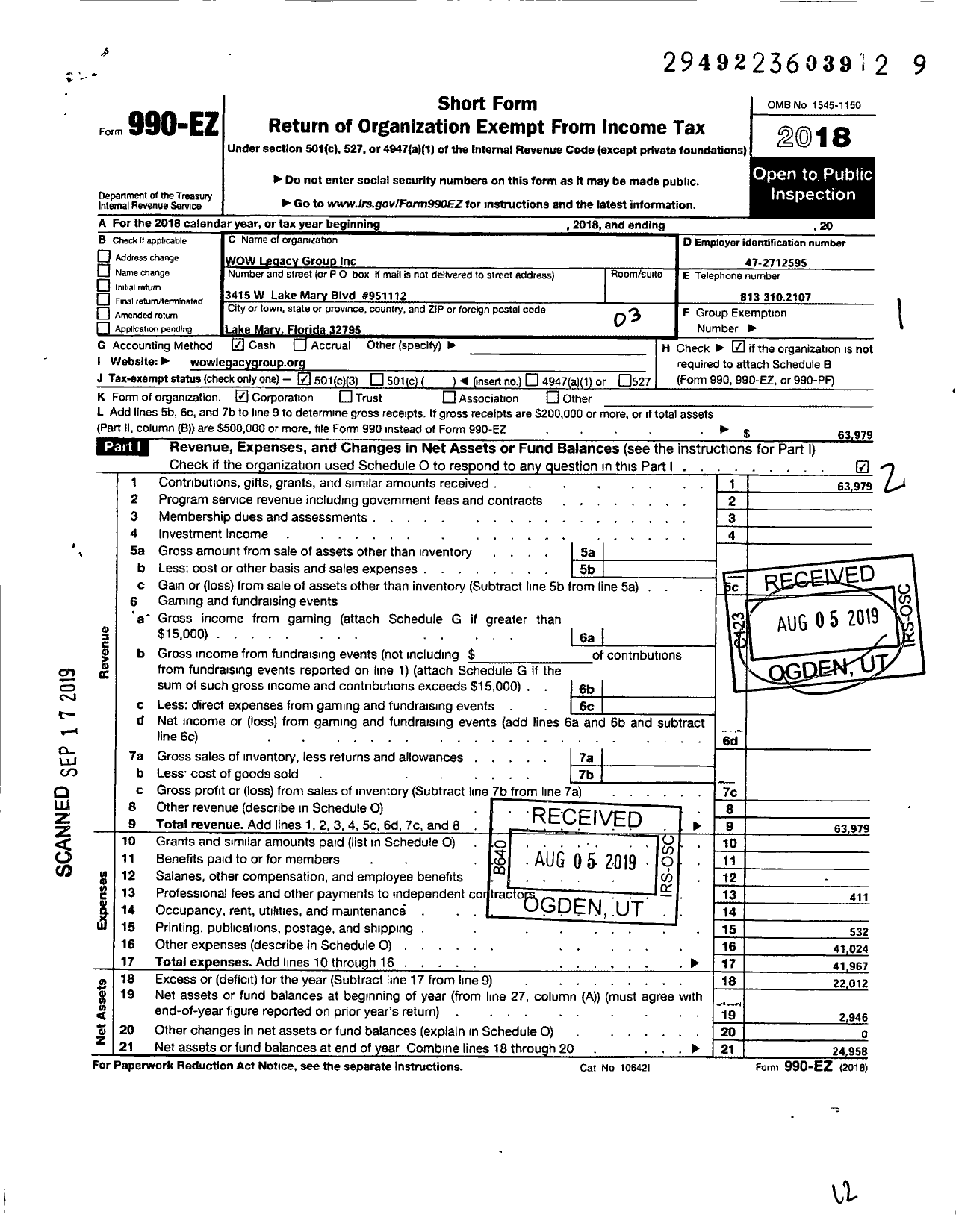 Image of first page of 2018 Form 990EZ for WOW Legacy Group