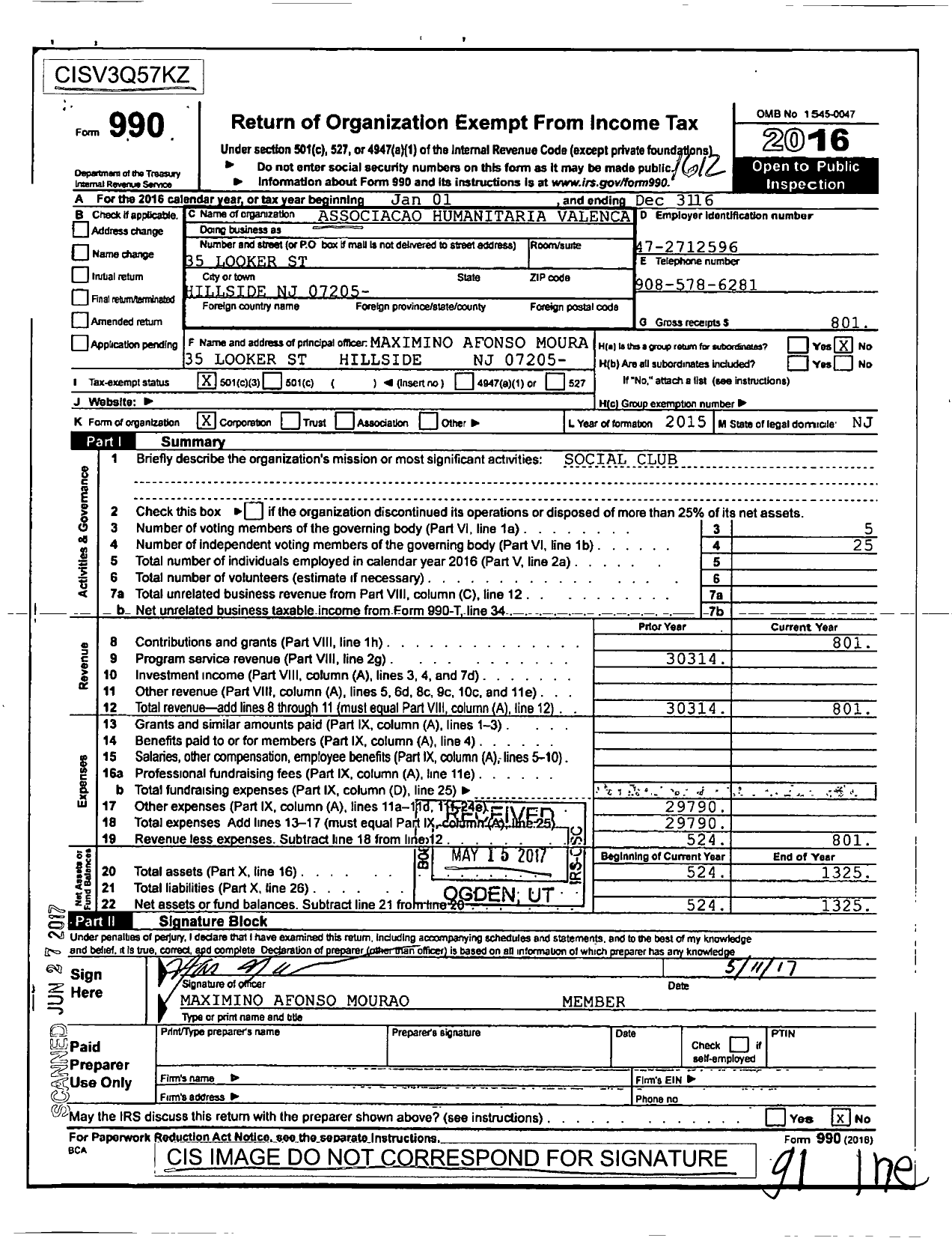 Image of first page of 2016 Form 990 for Associacao Humanitaria Valenca