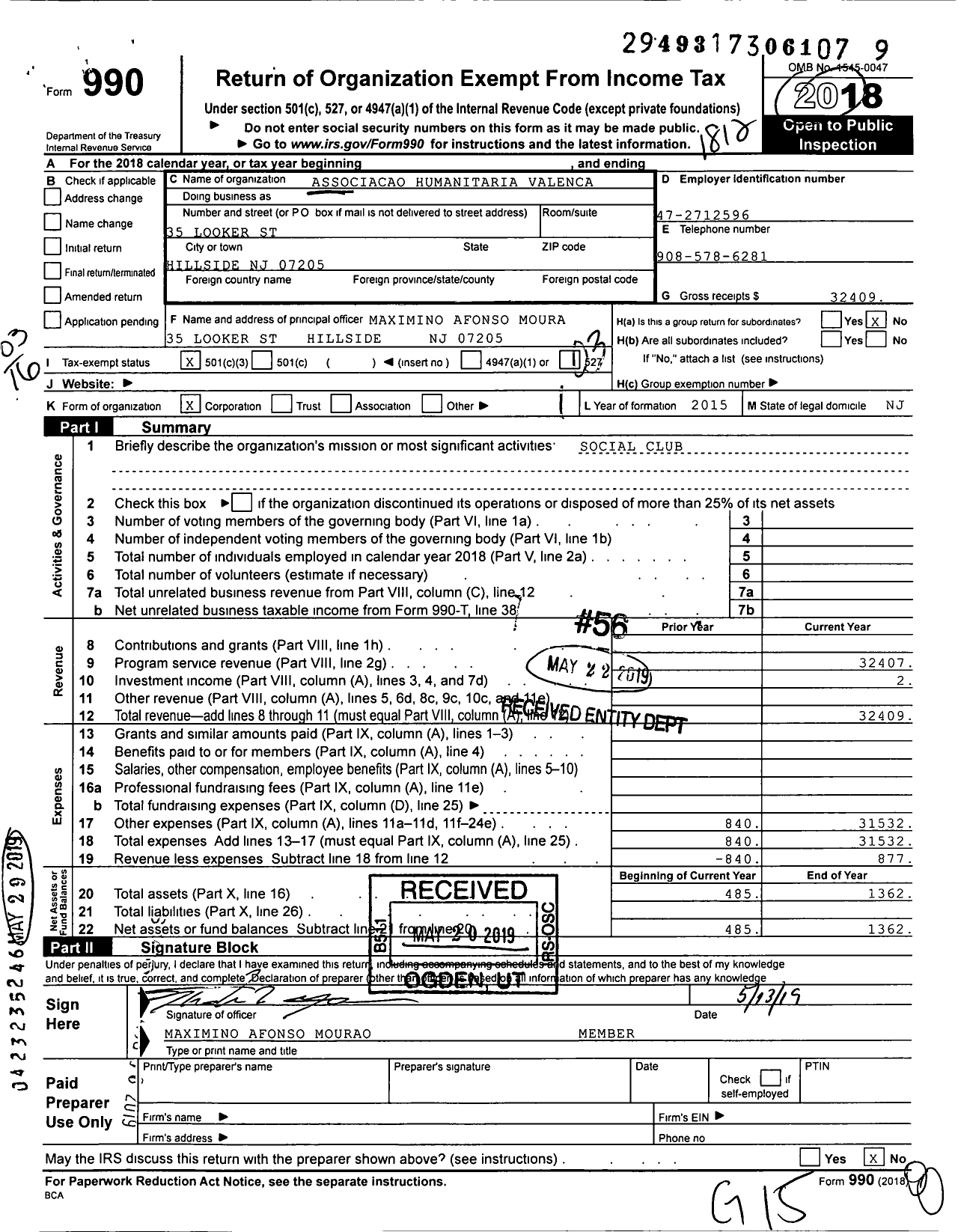 Image of first page of 2018 Form 990 for Associacao Humanitaria Valenca