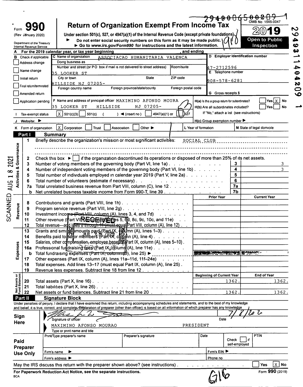 Image of first page of 2019 Form 990 for Associacao Humanitaria Valenca