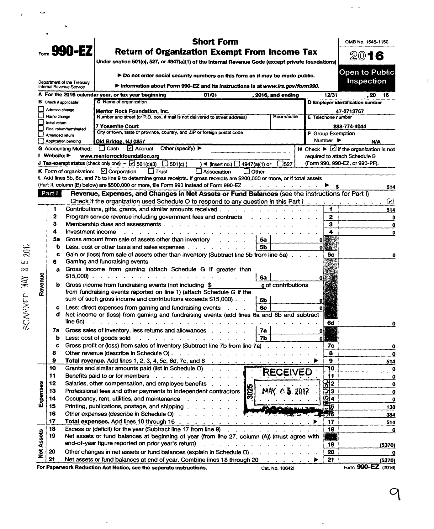 Image of first page of 2016 Form 990EZ for Mentor Rock Foundation